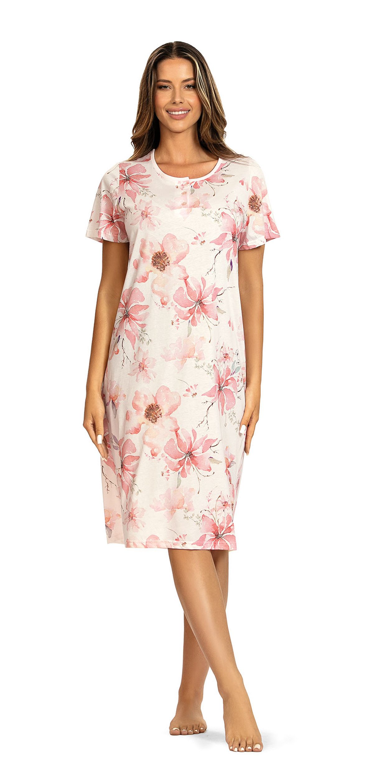 comtessa Nachthemd Ascafa Damen Nachtemd Kurzarm Knopfleiste Rosa (1-tlg) elegantes Nachthemd mit Blumenmuster