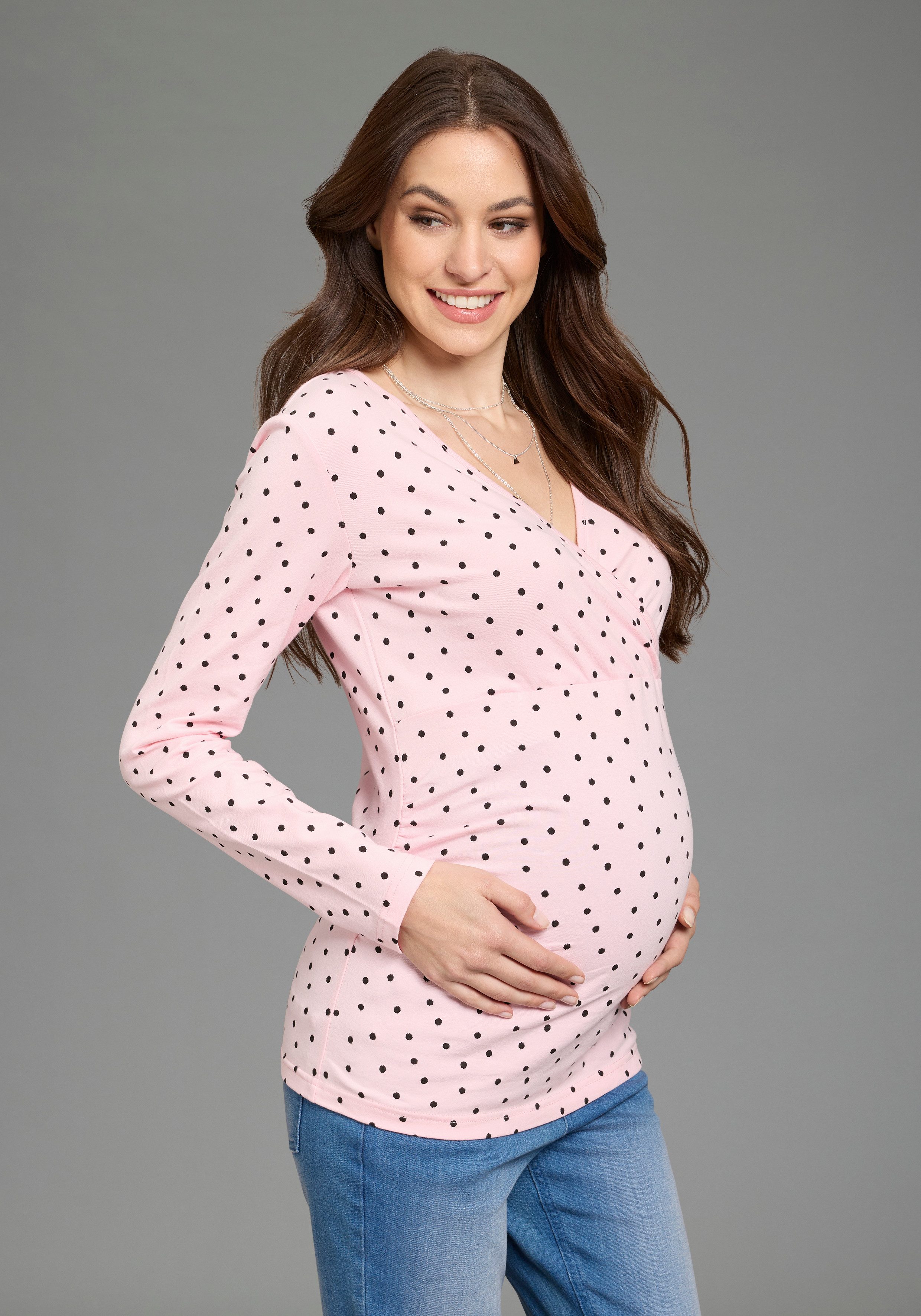 Neun Monate Umstandsshirt 2er Pack Umstands-Langarmshirt, Wickelausschnitt mit Stilloption (Packung, 2-tlg., 2) schmale Basic-Passform, Langarm, mit Stillmöglichkeit