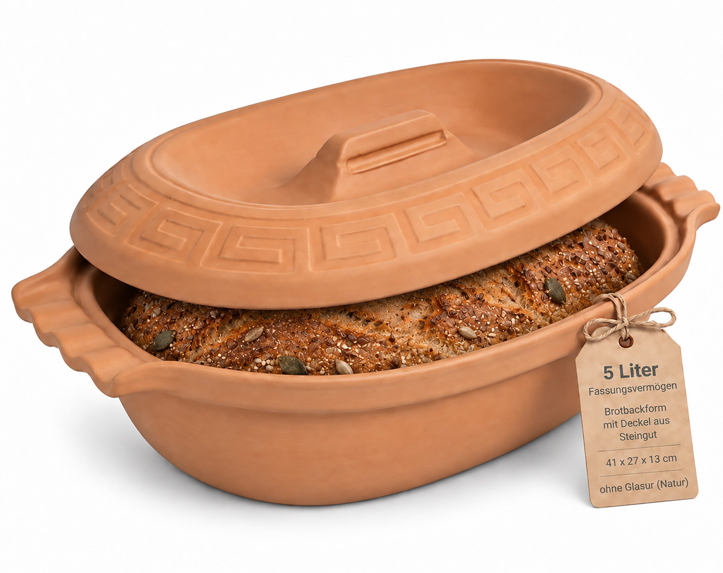 KERAZO Brotbackform 5L Keramik Bräter oval mit Deckel Brottopf Auflaufform 41x27x13, natur, Mit dekorativem Relief am Deckel und markant geformten Seitengriffen