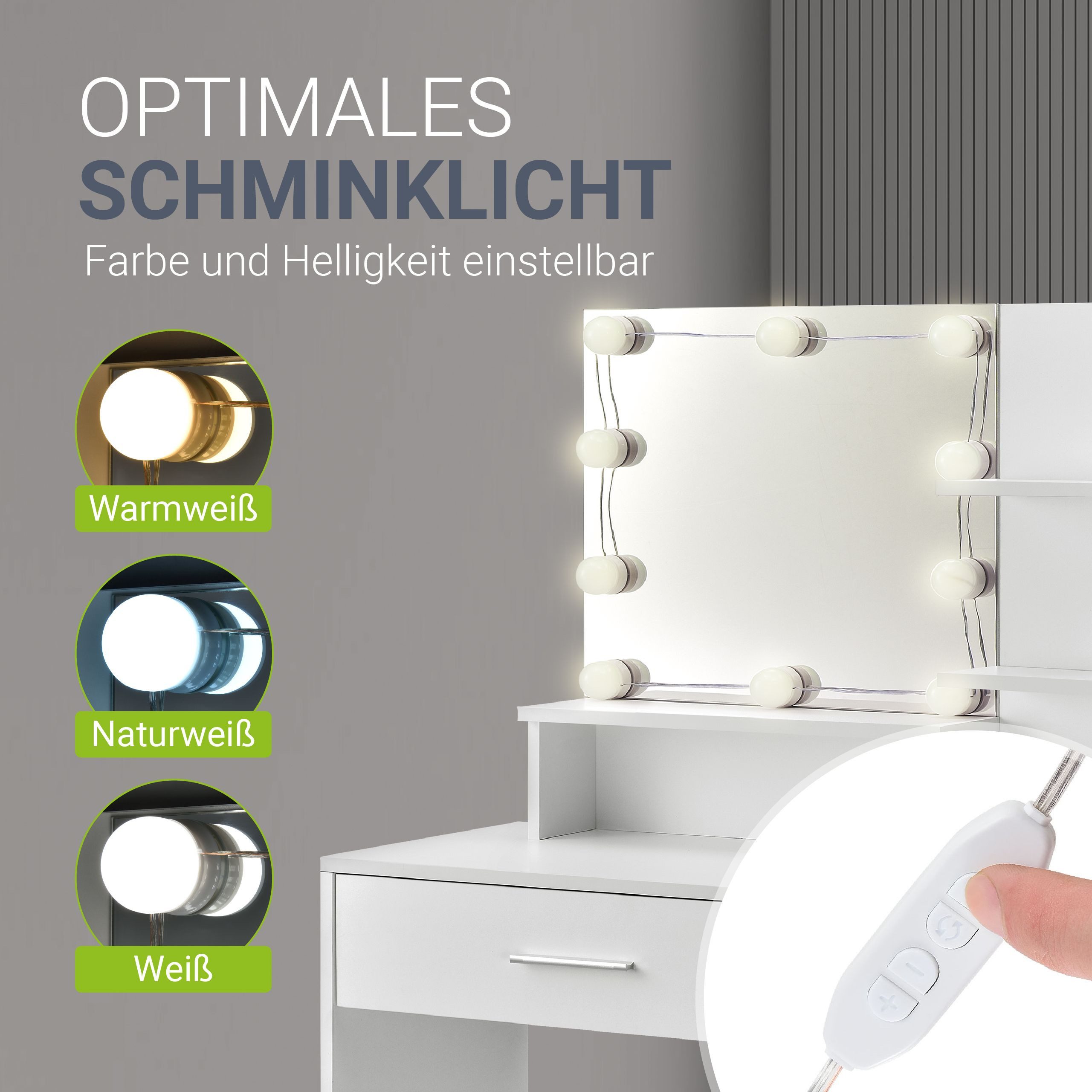 Juskys Schminktisch Zoey, mit LED-Beleuchtung, Spiegel, Schublade und Schrank