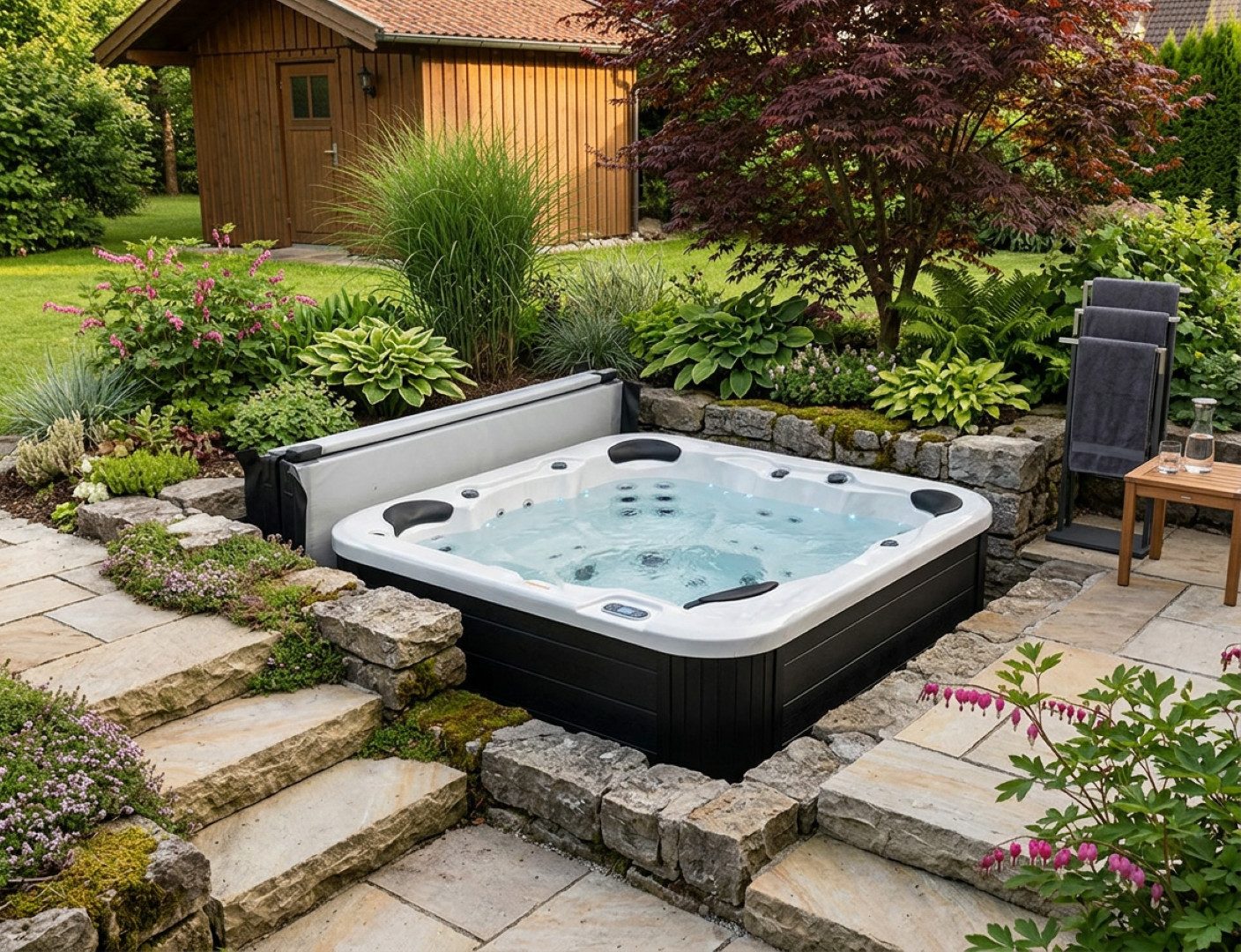 SPA Kompagniet Whirlpool Scandinavic Wood Art "Poel" Outdoor Whirlpool 6P Edelstahl-Düsen, Aufstellbecken, (Komplett inkl. Thermo-Cover, 2 Filter und Beleuchtung), inkl. Thermo-Cover, 30 Massagedüsen, ergonomischer Liegeplatz