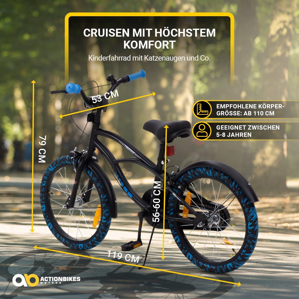 Actionbikes Motors Kids' Bike Cruiser 18 inch - from 5 years, 1 speed, no gears, (trapezoidal frame, V-brakes, max. load 35 kg, black/blue, 1-piece, bell, chain guard, reflectors, cat's eyes, kickstand), height-adjustable bike for boys and girls, children's bike from 110 cm