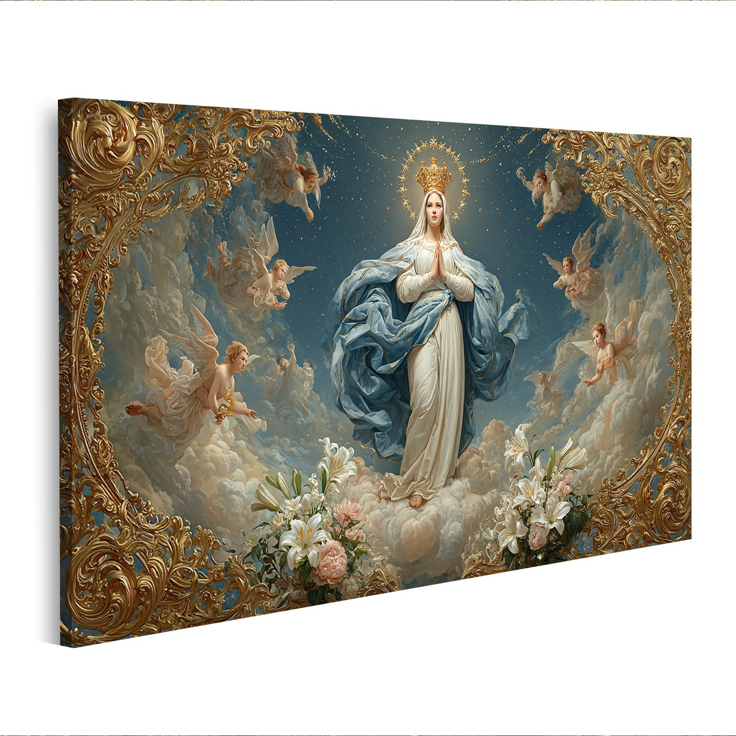 islandburner Leinwandbild der Jungfrau Maria mit Engeln und Blumenarrangement - Edition Y1