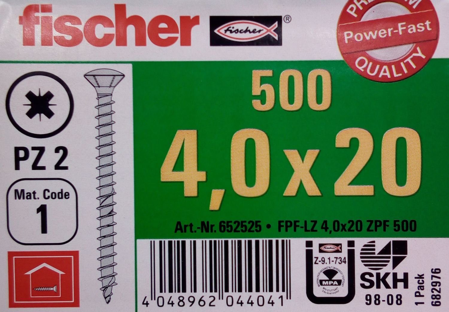 Fischer Befestigungstechnik Spanplattenschrauben St) Holzschrauben fischer Schraube PZ2 verzinkt (500 Vo, 500x 4,0x20