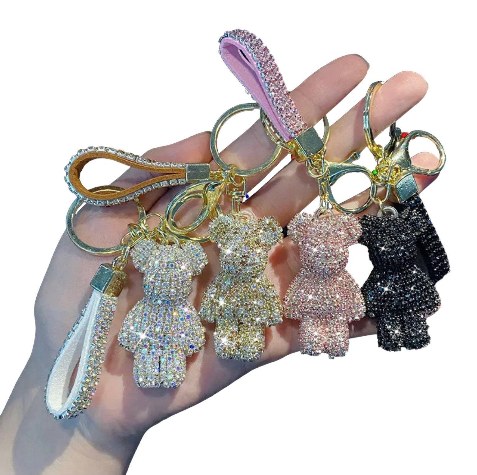 Steinfixx® Schlüsselanhänger Edler Strass Teddybär Cartoon Schlüsselanhänger mit Lederband (Teddybär Anhänger mit Schlüsselring und Karabinerhaken sowie Schlauf – Bild 3 von 4