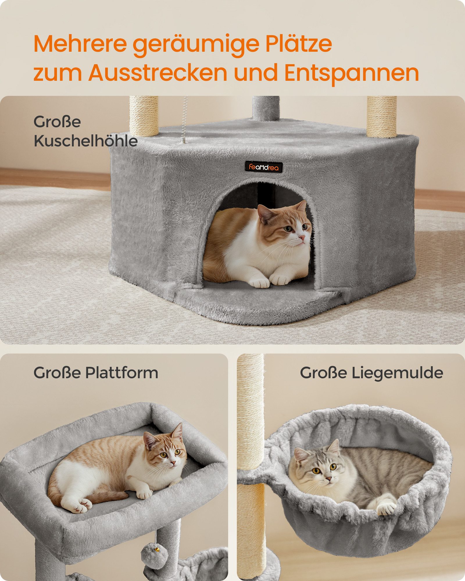 FEANDREA Kratzbaum für Raumecke, Katzenbaum mit großer Kuschelhöhle, mehr Stabilität