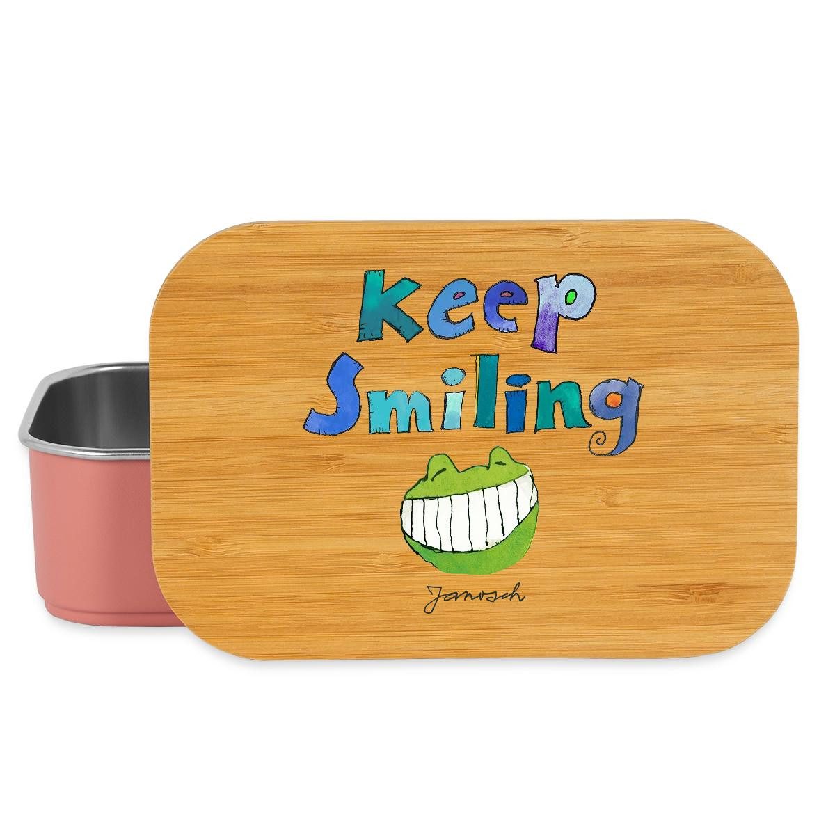 Spreadshirt Lunchbox Janosch Keep Smiling Günther Kastenfrosch Brotdose mit Bambusdeckel, Edelstahl, Bambus