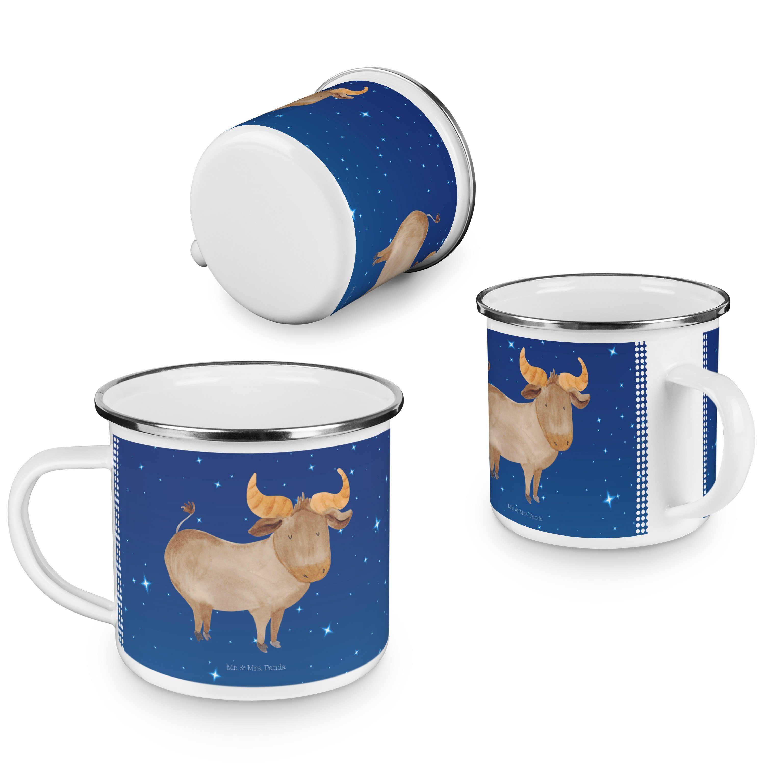 Becher - Campingtasse, Sternzeichen - Geschenk, Emaille Sternenhimmel Mrs. Stier Blau Mr. & Panda Ges,