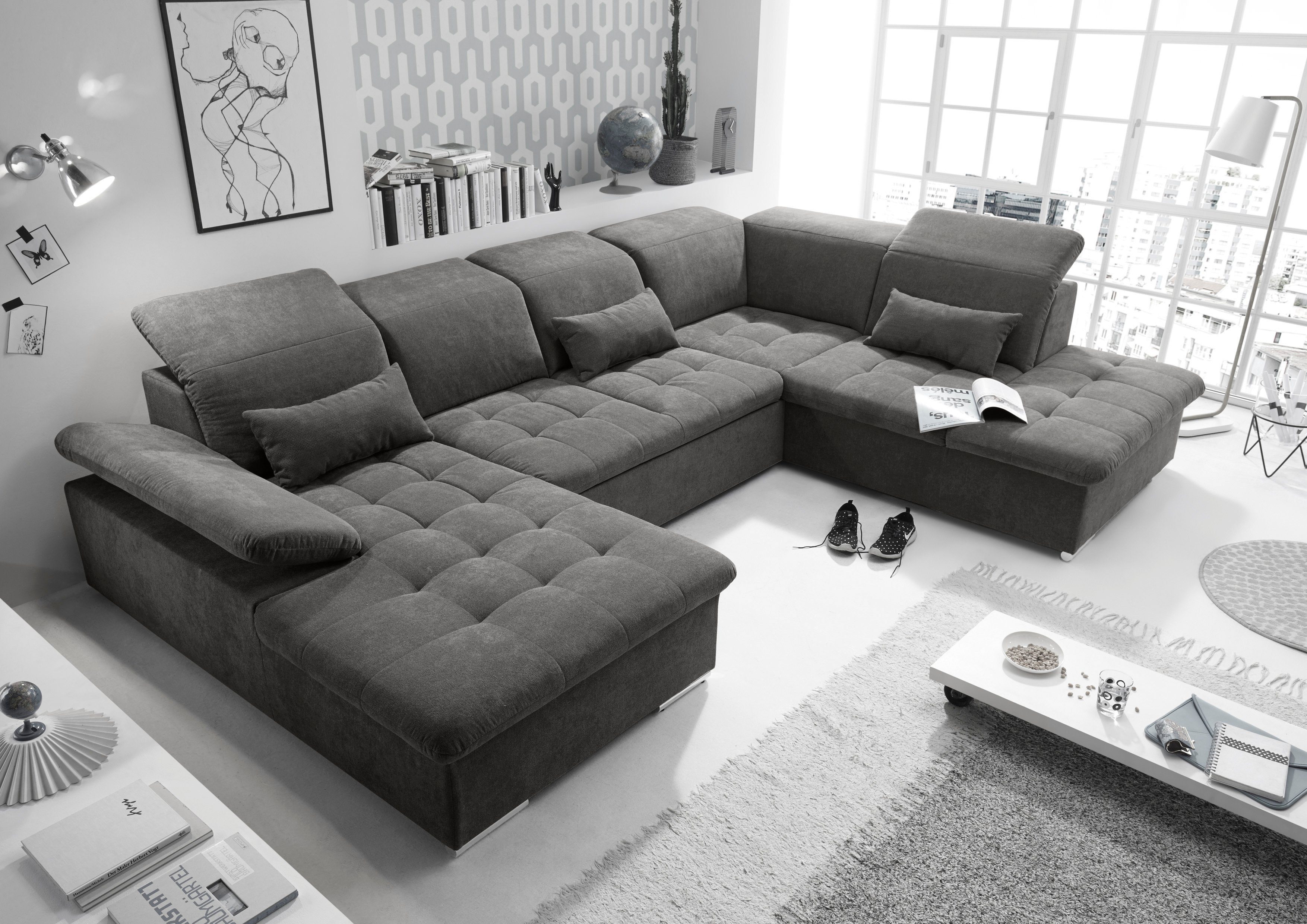 ED EXCITING DESIGN Wohnlandschaft Wayne U-Form mit Bettfunktion, Bettkasten, Arm- und Kopfteilverstellung & 3 Nierenkissen