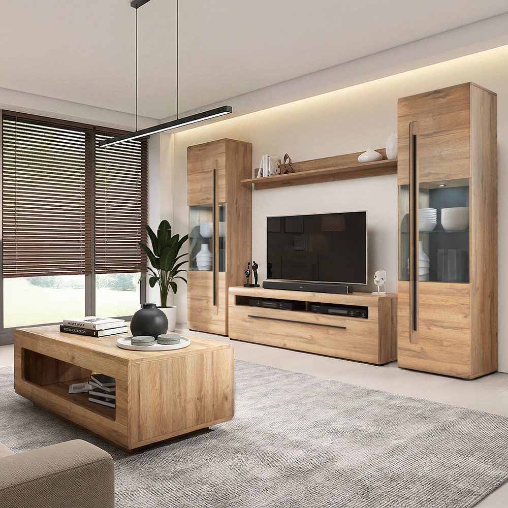 Lomadox Wohnzimmer-Set TURDA-83, (Mega-Spar-Set, 5-St., Couchtisch Highboard Lowboard Sideboard Vitrine Wandregal), Eiche braun Metallgriffe TV-Wand inkl. LED Beleuchtung modern