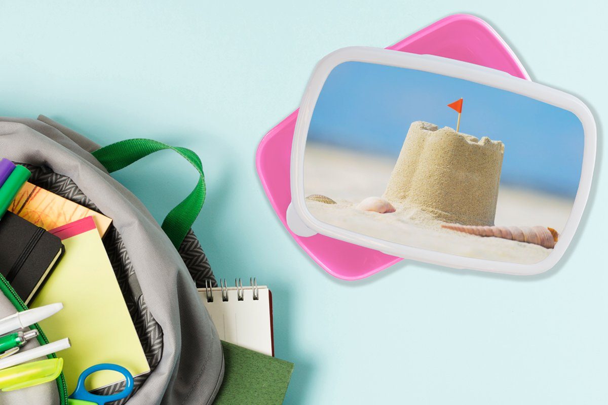 Kunststoff Sandburg Sommer, für Brotdose Muscheln Kinder, - Snackbox, Kunststoff, Erwachsene, MuchoWow - Brotbox Mädchen, - rosa (2-tlg), Strand Lunchbox