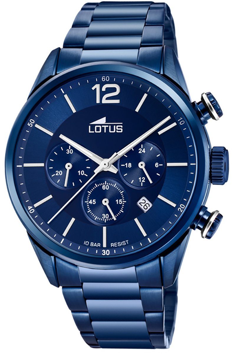 Lotus Quarzuhr LOTUS Herren Uhr Sport 18680/1 Edelstahl, Herrenuhr rund, groß (ca. 43mm) Edelstahlarmband blau