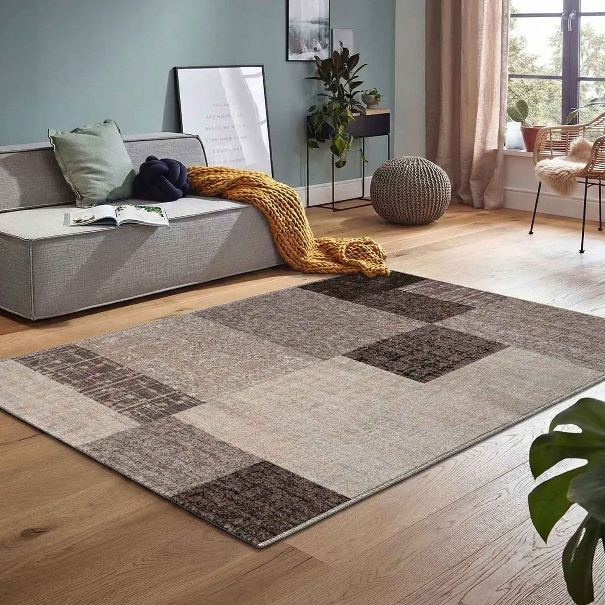 Vimoda Teppich Wohnzimmer Klassisch Karo- kariert Design, Rechteckig, Höhe: 5 mm, Läufer Kachel Optik in Türkis Grau Gelb & Lila Teppich Schlafzimmer