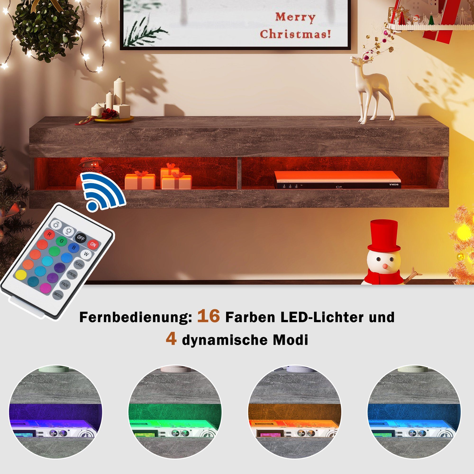 Lowboard, TV-Schrank mit LED-Belechtung, Breite 140 cm, stehend und hängend