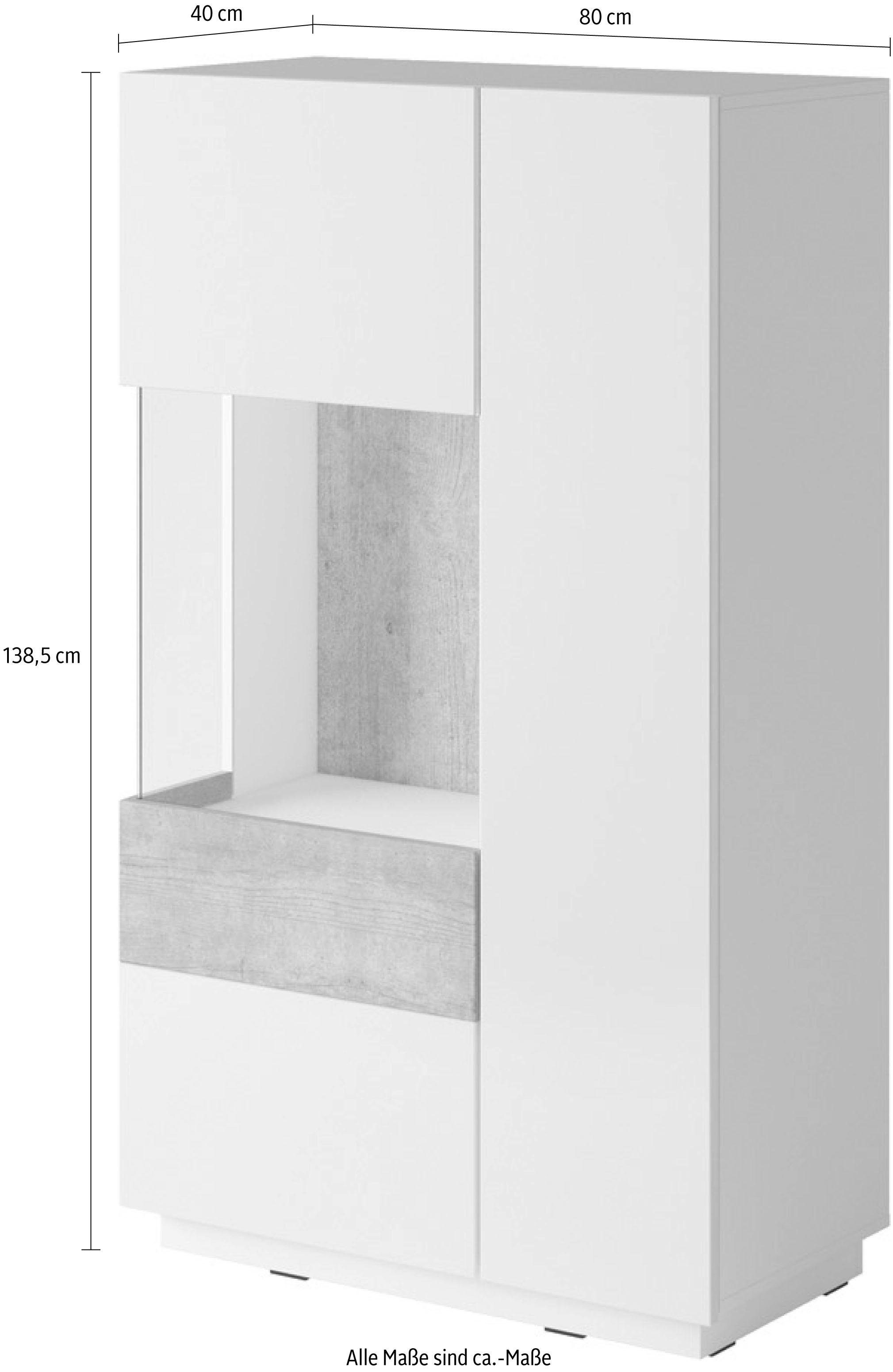 weiß Helvetia SILKE cm Vitrine Hochglanz/Beton-Optik Höhe 138,5