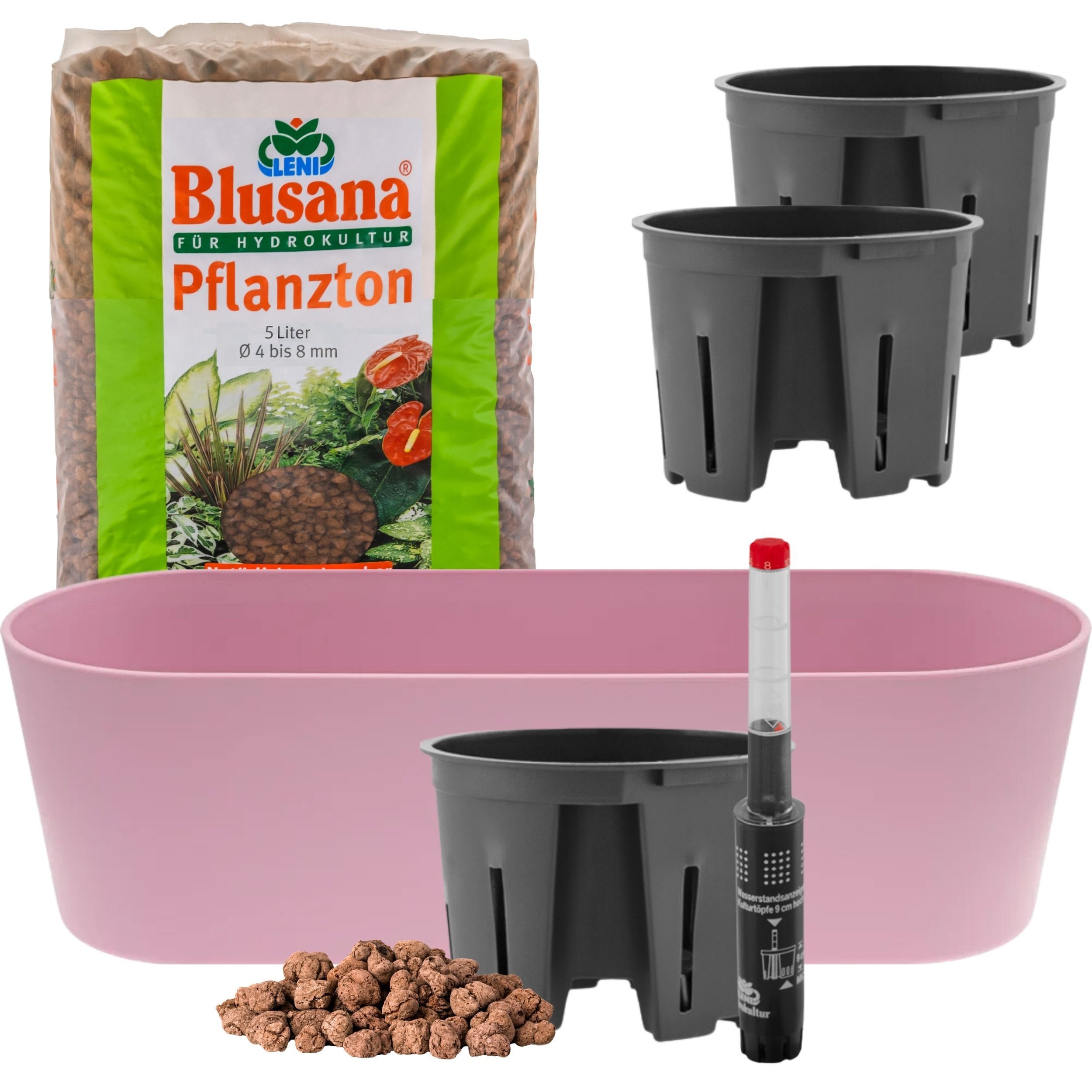 LENI Jardiniere Blumentopf länglich Pflanzkasten 36 cm lang Kräuter & Zimmerpflanzen (Komplettes Starter Set Selbstbewässerungstopf, mit 3 x Kulturtopf, 1 x Wasserstandsanzeiger, 5l Pflanzton), Übertopf ohne Loch für Hydrokultur & Erde, perfekt als Kräute