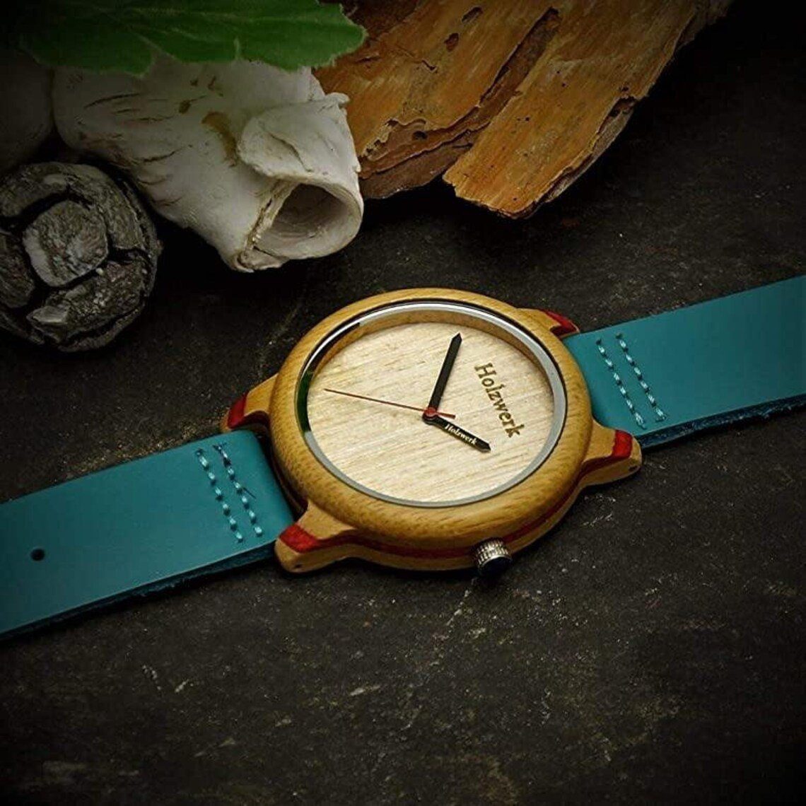 Holzwerk Quarzuhr & Damen Uhr blau Leder ELSTRA beige, in rot türkis & Holz Armband