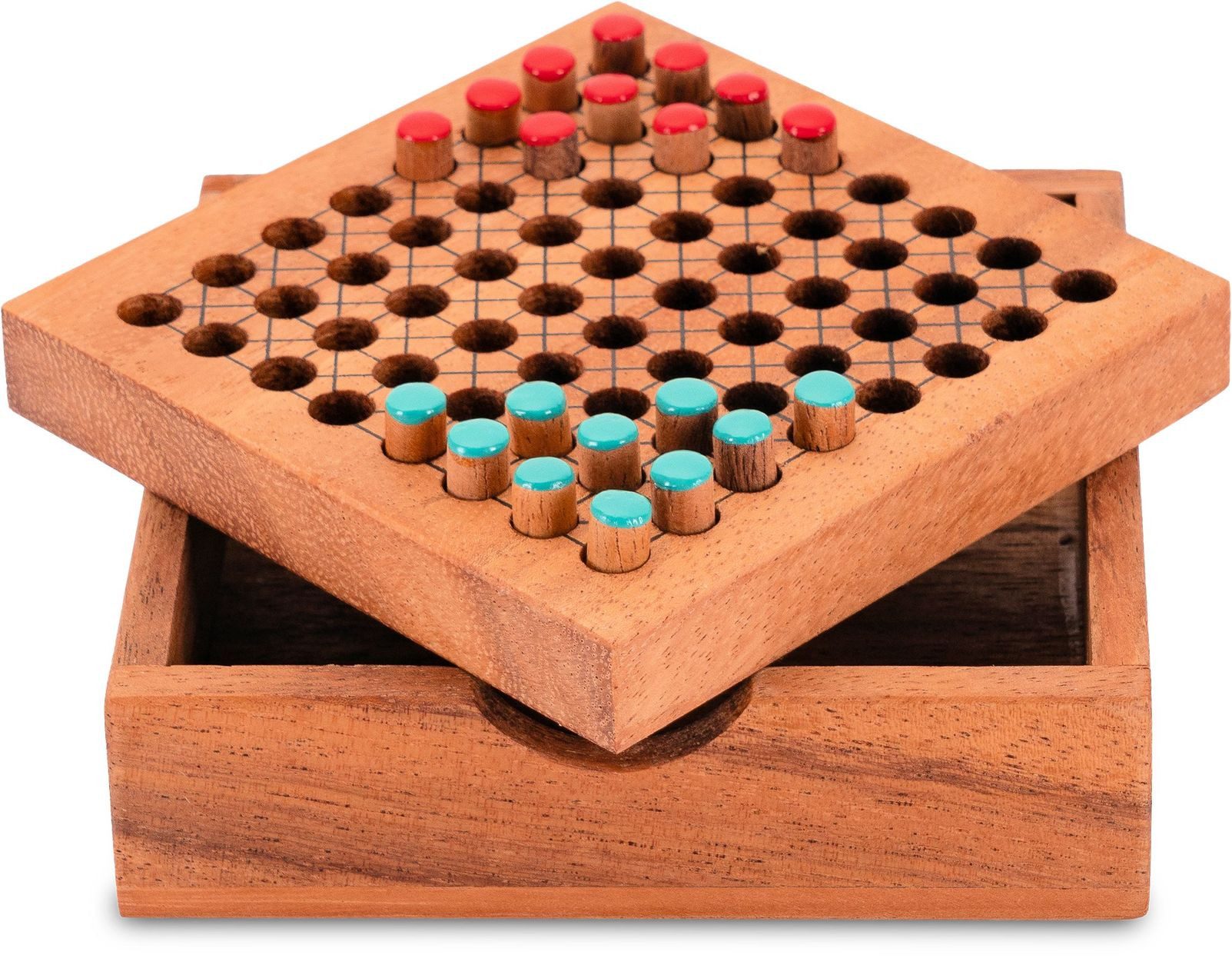 LOGOPLAY Spiel Halma für 2 Grün Rot, Gesellschaftsspiel, Halma Reisespiel klassisches Strategiespiel im Mini-Holzkasten für 2