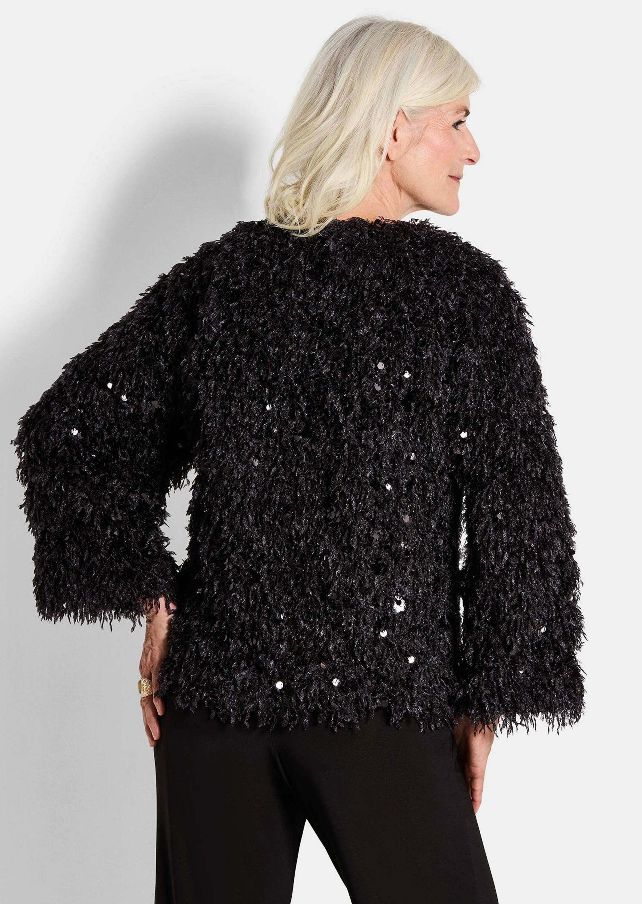GOLDNER Outdoorjacke Eleganter Überwurf mit Pailletten Federjacke mit V-Ausschnitt, Häkchenverschluss und Langarm