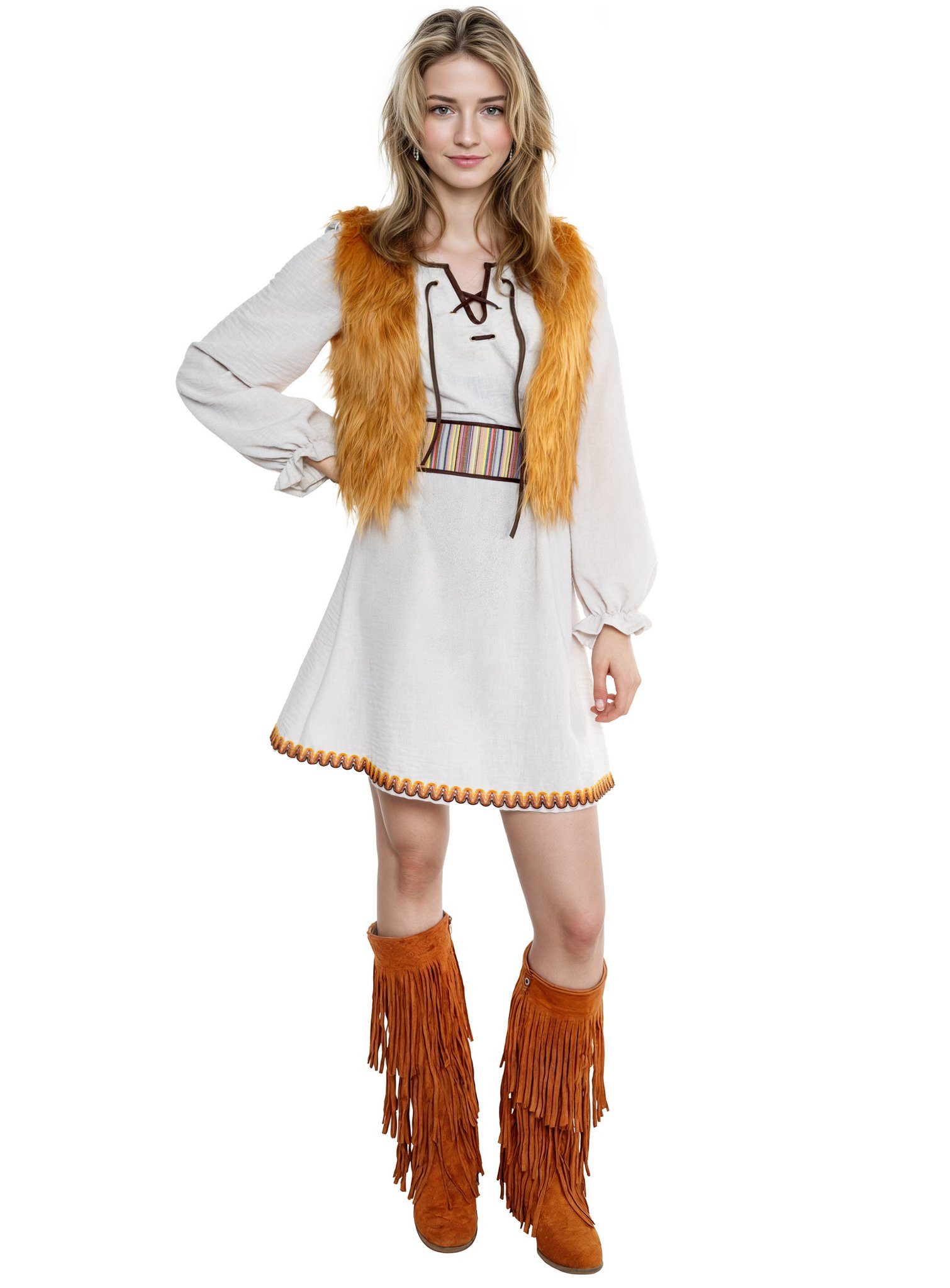 Metamorph Hippie-Kostüm Hippie Kostüm Kleid Fasching Karnevalskostüm Damen, Hippiekleid zum Schnüren mit Fellweste