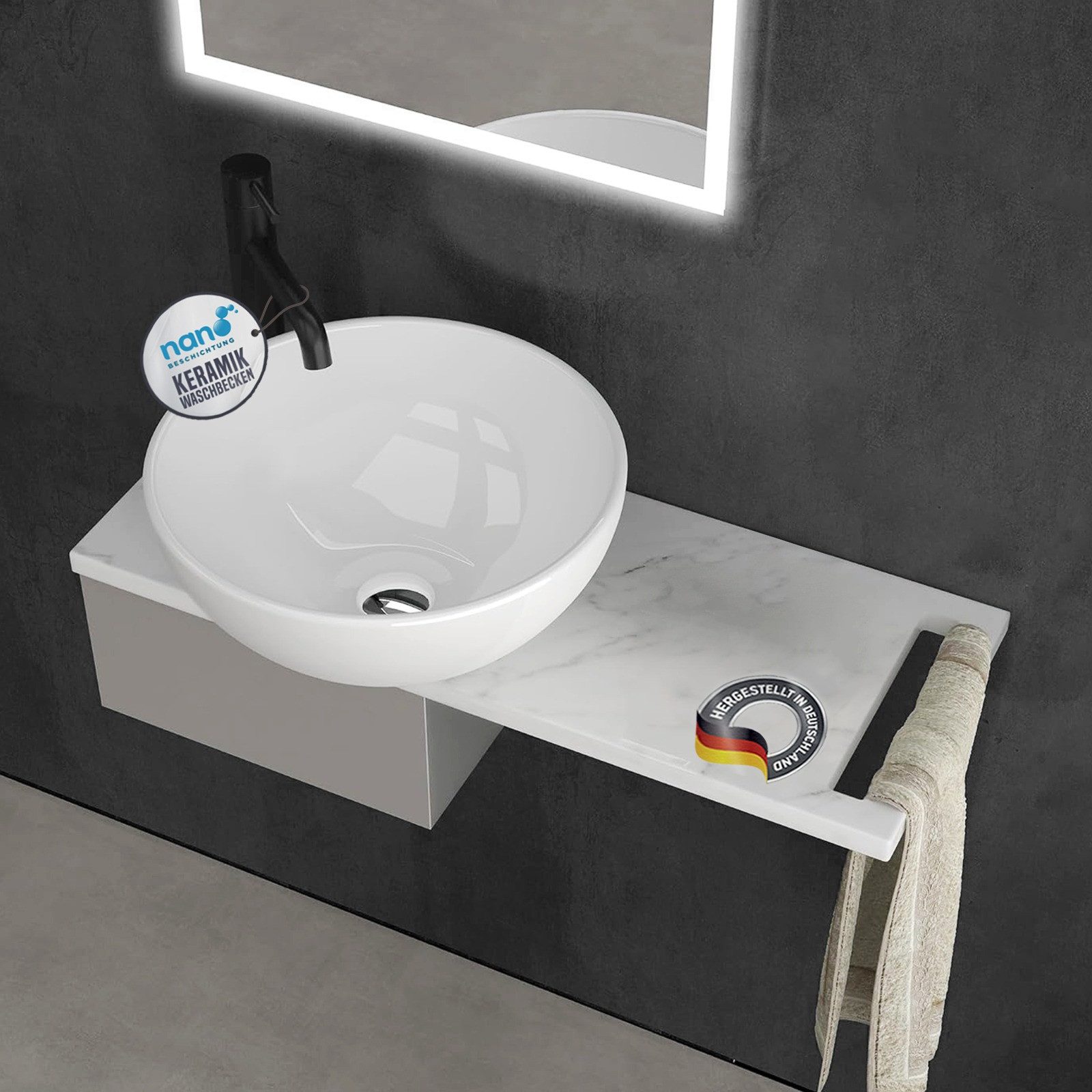 Alpenberger Aufsatzwaschbecken Rund - Waschschüssel Waschbecken Klein Gäste WC Set mit Handtuchhalter (Waschschale mit Nano, Handwaschbecken), mit Keramikplatte und Edelstahlkasten