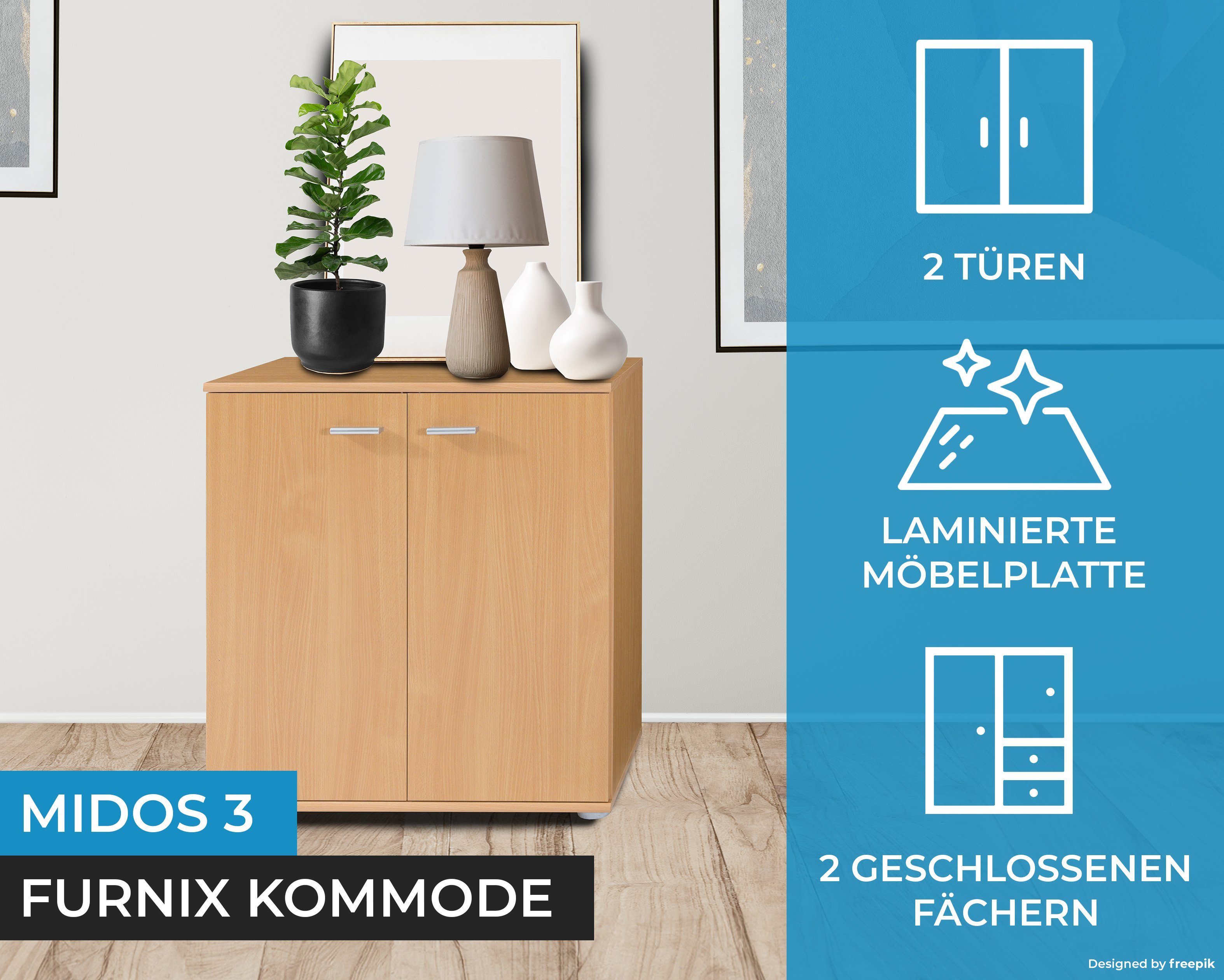Furnix Kommode Sideboard fürs Wohnzimmer Buche Midos mit modern 2 Türen 3