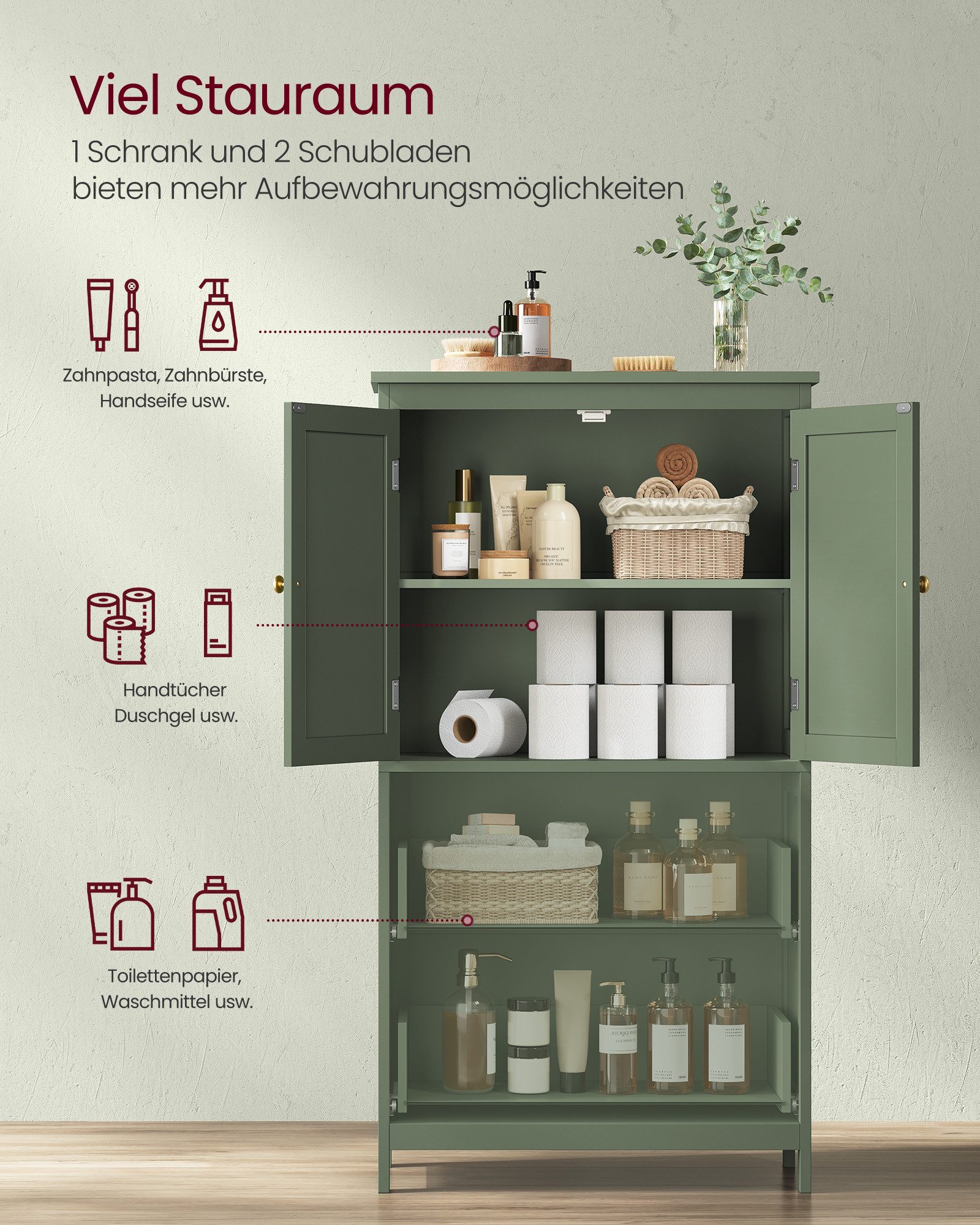 VASAGLE Badkommode Badezimmerschrank Badschrank verstellbare Ablage, mit 2 Türen und 2 Schubladen, 60 x 30 x 110 cm, Küchenschrank – Bild 5 von 5