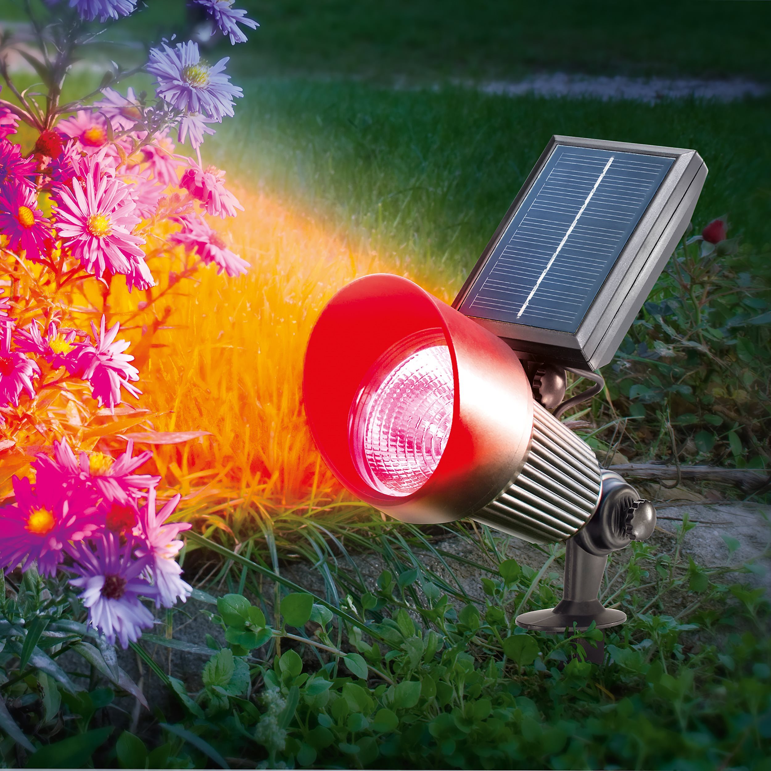 esotec LED Gartenstrahler Aluminium Solarstrahler Spotlight Wand+Boden multicolor outdoor 102134, Tagsüber lädt das Solarmodul den integrierten Akku auf. Bei Dämmerung schalten sich die Solarlampen für außen automatisch ein., LED fest integriert, 6000K kaltweiß, multicolor, Strahlergehäuse aus Aluminium, winterfest