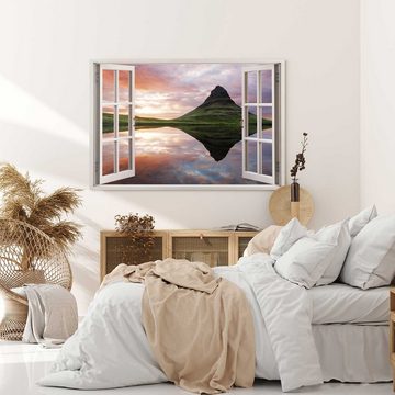 Sinus Art Leinwandbild Wandbild 120x80cm Fensterbild Island Berg See Abenddämmerung Natur Grü, (1 St)