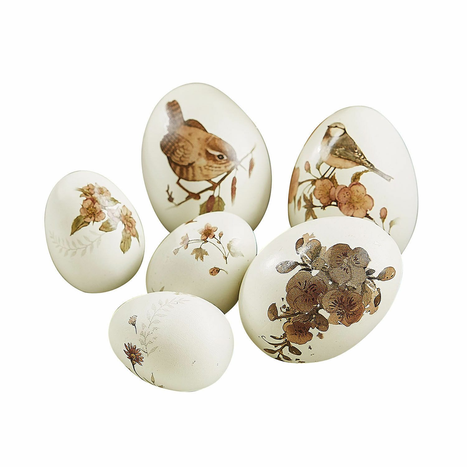 Mirabeau Osterei Deko-Ei 6er Set Sylphette creme, Ostern, Frühling, Blume, Vogel, Aus Kunststein, Handbemalt