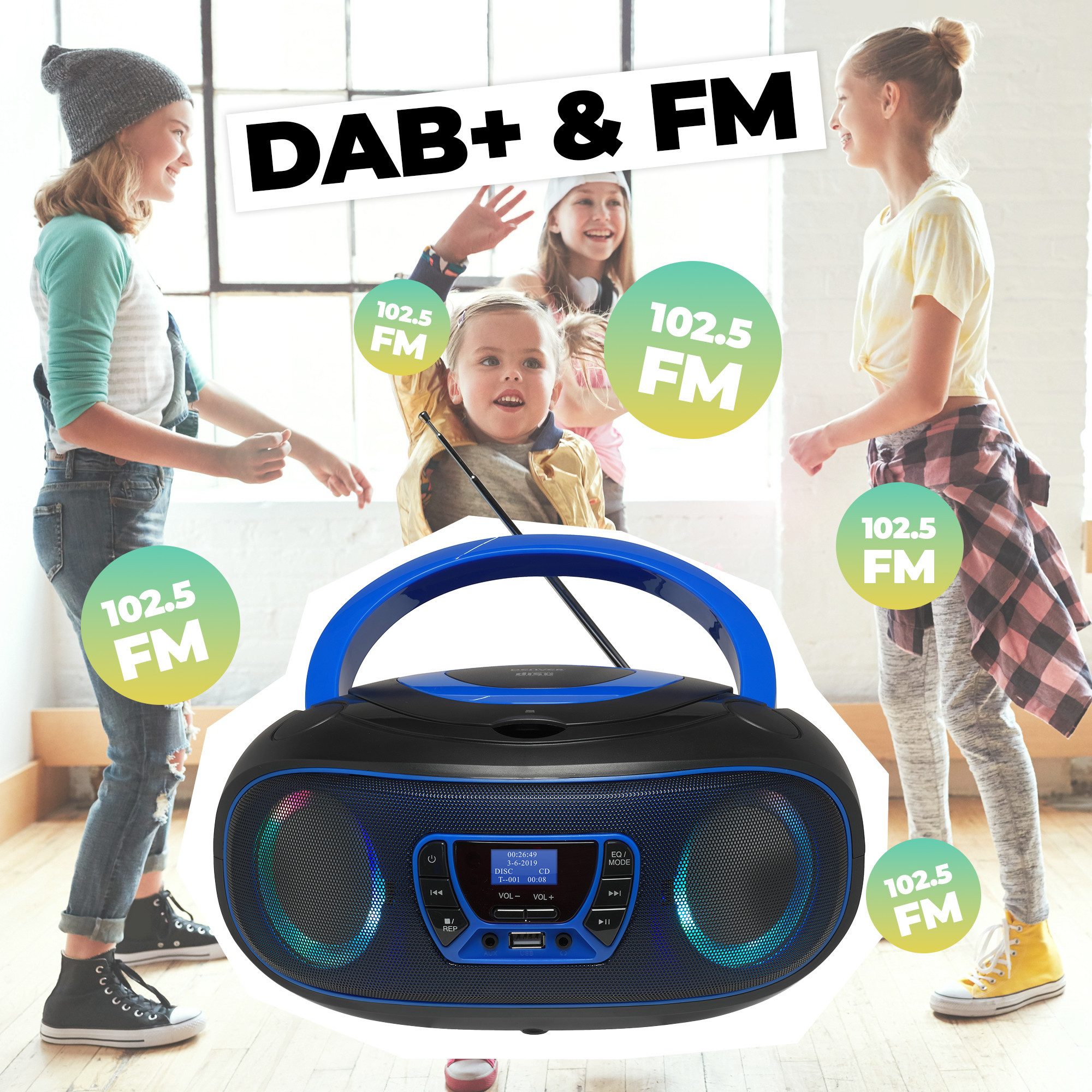 Denver TDB-212BU CD-Player (DAB+/FM Radio, MP3 via USB,& AUX, Musik Streaming über Bluetooth, CD-Player, Bluetooth, 2 x 18W Output, Batterie- oder Netzbetrieb möglich)