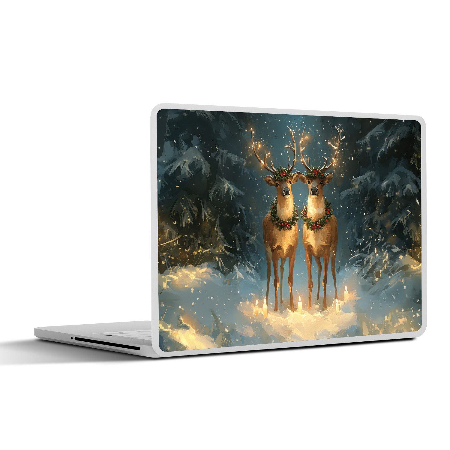 MuchoWow Laptop-Aufkleber Kiefer-Märchen - Rentier - Nacht, (1tlg), Laptop Folien Cover, Aufkleber, Sticker, Schutz vor Kratzern, 30x21 cm