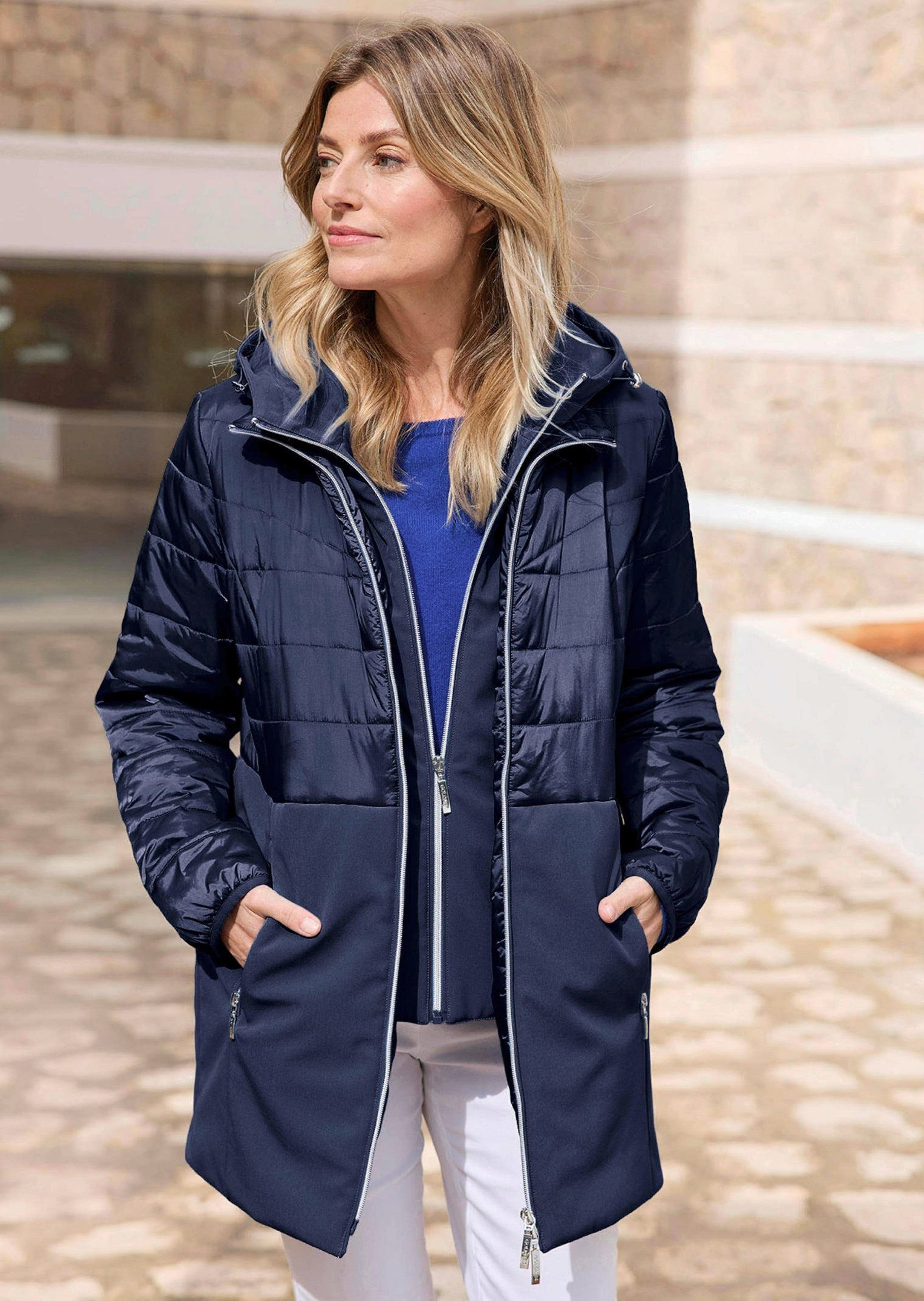 GOLDNER Kurzmantel Wintermantel mit Softshell-Einsatz Kapuzenjacke mit 2-Wege-Reißverschluss, Taschen und Langarm