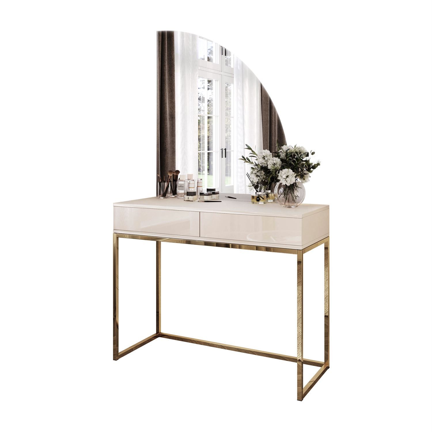 Lookway Schminktisch QUINNIE KASCHMIR mit LED Spiegel, Goldchrom Beine (1x Konsole 1x Spiegel), Breite: 100 cm