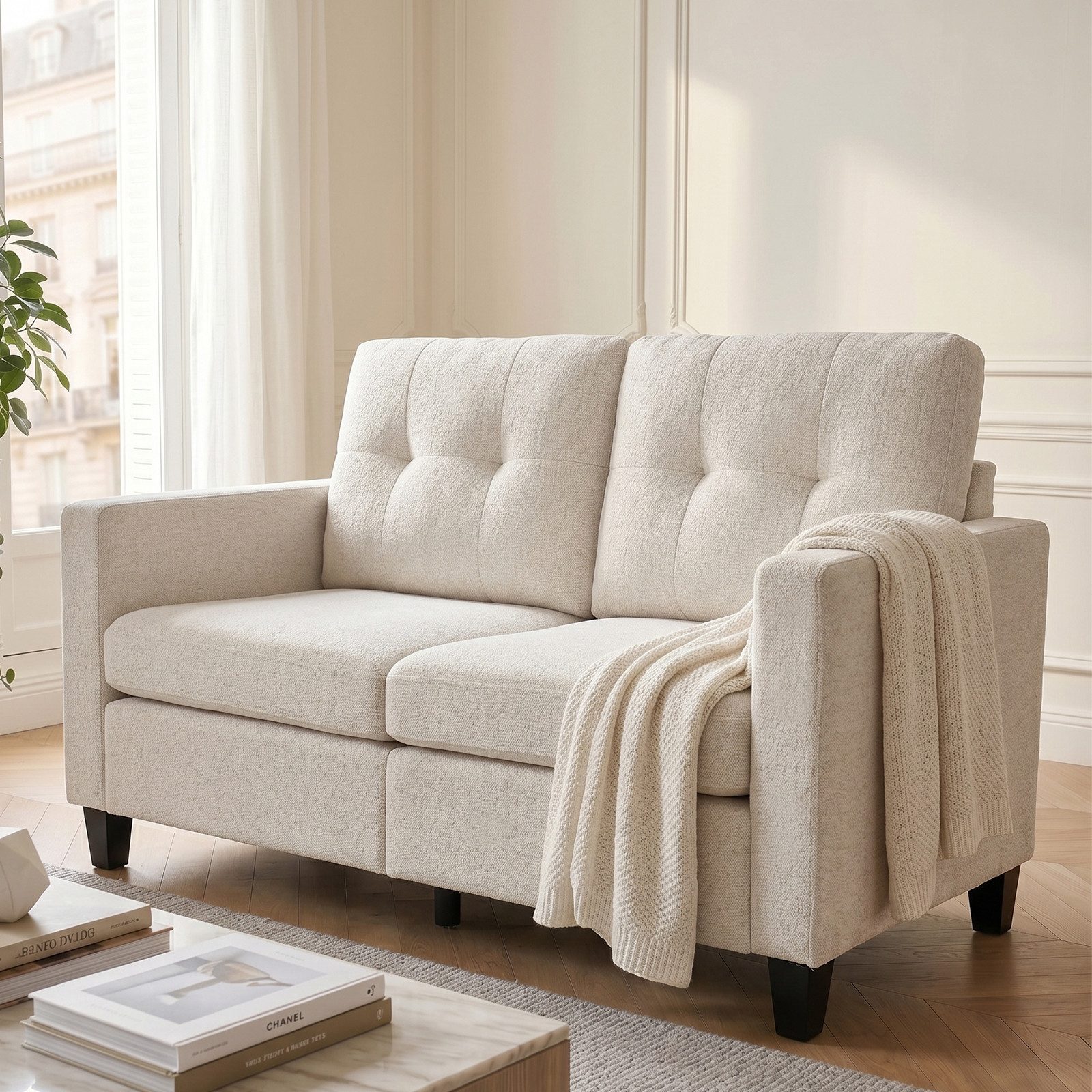 Jiexi Sofa Zweisitzer-Sofa Chenille Couch klein für Wohnzimmer Creme