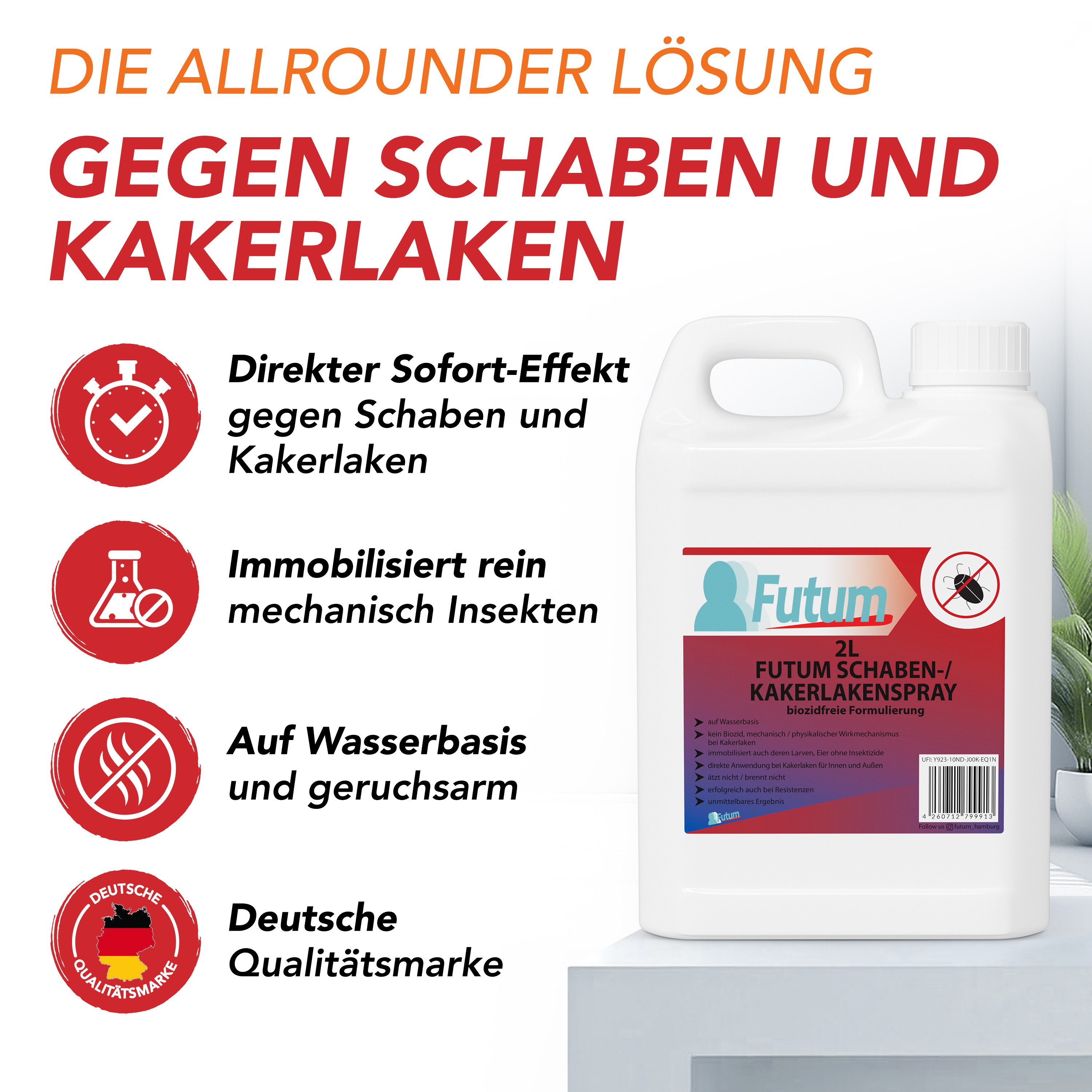 FUTUM Insektenspray Kakerlaken Spray Schaben Spray Küchenschaben Abwehr, 2 l, biozidfreie Formel, auf Wasserbasis, geruchsarm, brennt / ätzt nicht