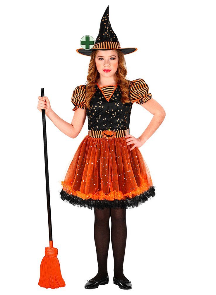 Karneval-Klamotten Hexen-Kostüm Schwarz orange glitzer Hexe mit Hexenhut, Kinderkostüm Mädchenkostüm Halloween Hexenkleid