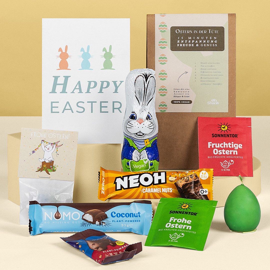 Oh Shanti Osternest Ostertüte Geschenkset – Ostergeschenk mit Tee, Kerze & Snacks (vegan), 100% vegan