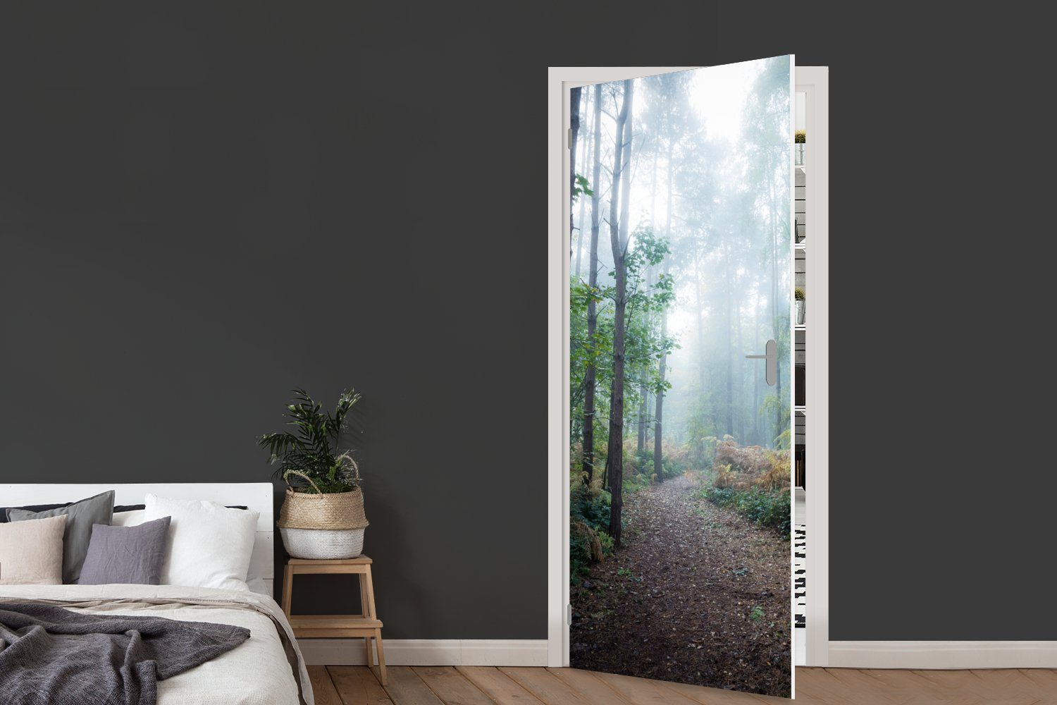 MuchoWow Türtapete Wald - Fototapete (1 cm Weg, Tür, St), Türaufkleber, Matt, für bedruckt, - Nebel 75x205