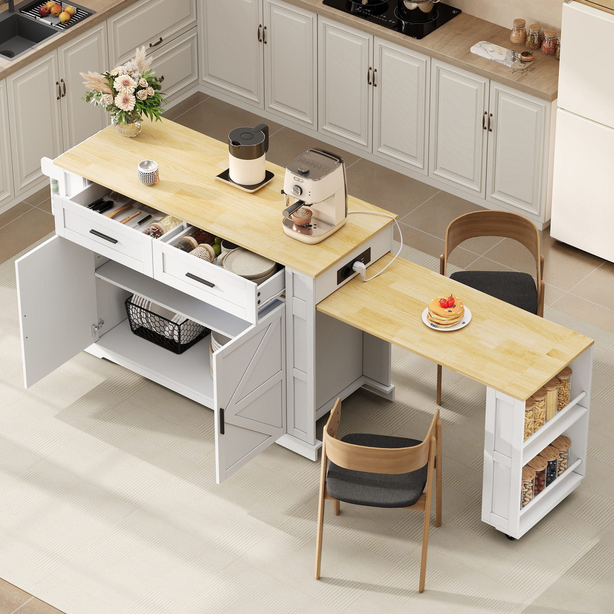i@home Kücheninsel Küchenwagen mit ausziehbarer Arbeitsplatte (120-205 cm), (freistehend auf 7 Rollen, Doppeltür-Schrank), Servierwagen Steckdosenleiste mit USB, für Küchen & Wohnbereich
