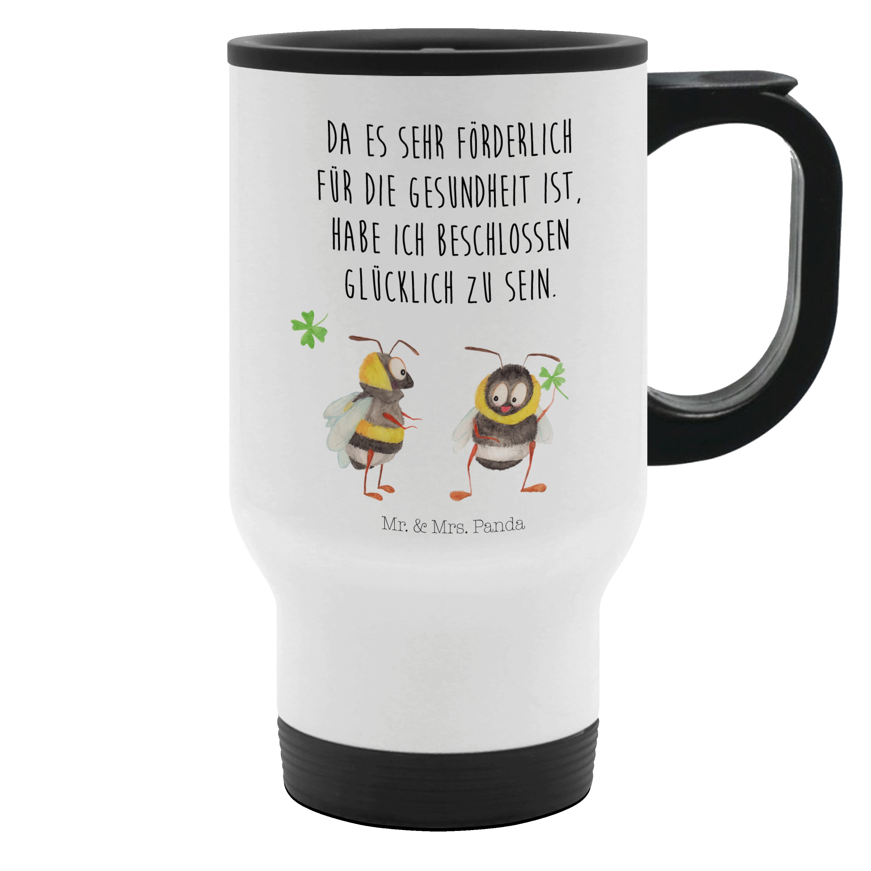 Mr. & Mrs. Panda Thermobecher Hummeln mit Kleeblatt - Weiß - Geschenk, Spruch positiv, lustige Sprü, Edelstahl