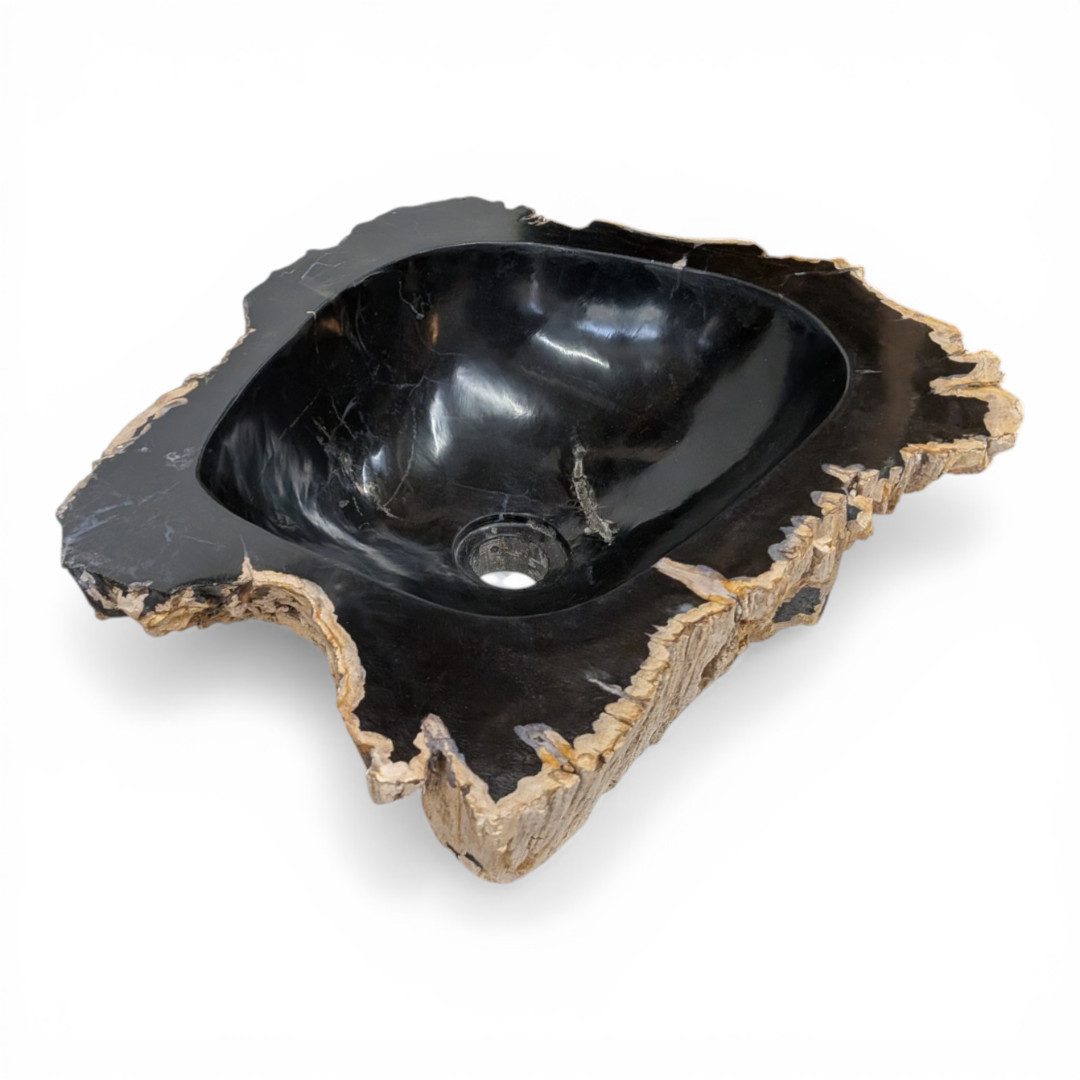 Kinaree Aufsatzwaschbecken Versteinertes Holz Waschbecken #17, poliert, Naturstein, Schwarz, Braun, Bruchstein Optik