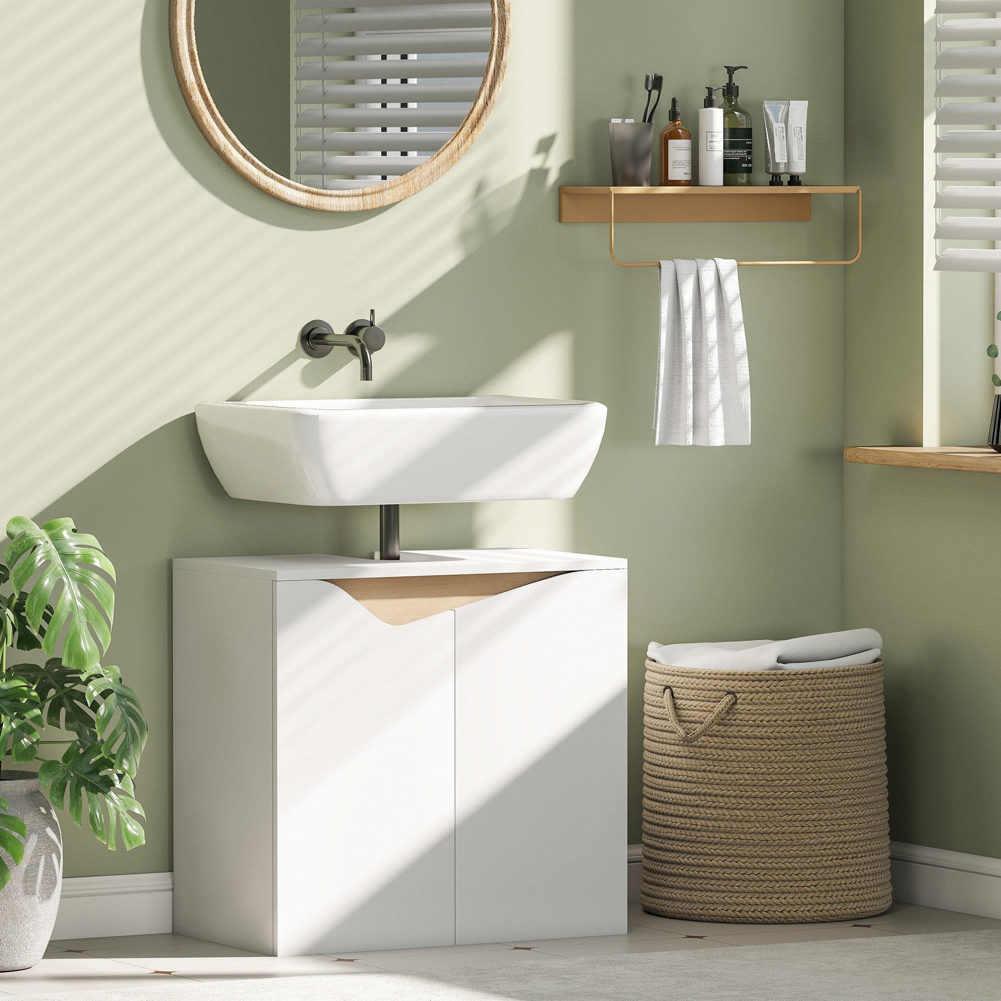 HOMCOM Waschbeckenunterschrank Waschtischunterschrank mit Soft-Close Badezimmerschrank Weiß (Waschtischunterschrank, 1-St., Badezimmer Unterschrank) Mit U-Ausschnitt für wandmontierte Waschbecken