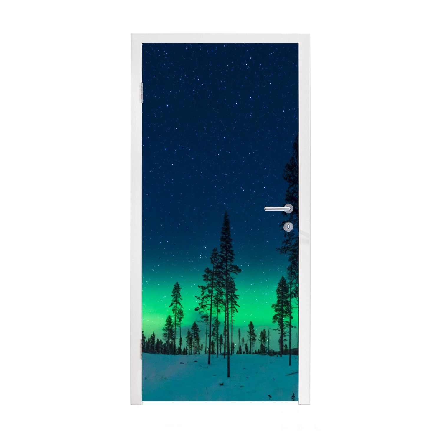 MuchoWow Türtapete Nordlicht - Schnee - Bäume - Natur - Grün, Matt, bedruckt, (1 St), Fototapete für Tür, Türaufkleber, 75x205 cm