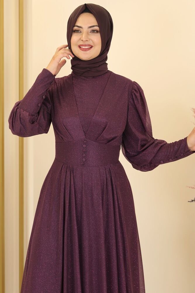 Modavitrini Tüllkleid Damen Abendkleid Fashion silbrigem Abaya Violett Hijab Kleid Tüllstoff Modest Abiye aus