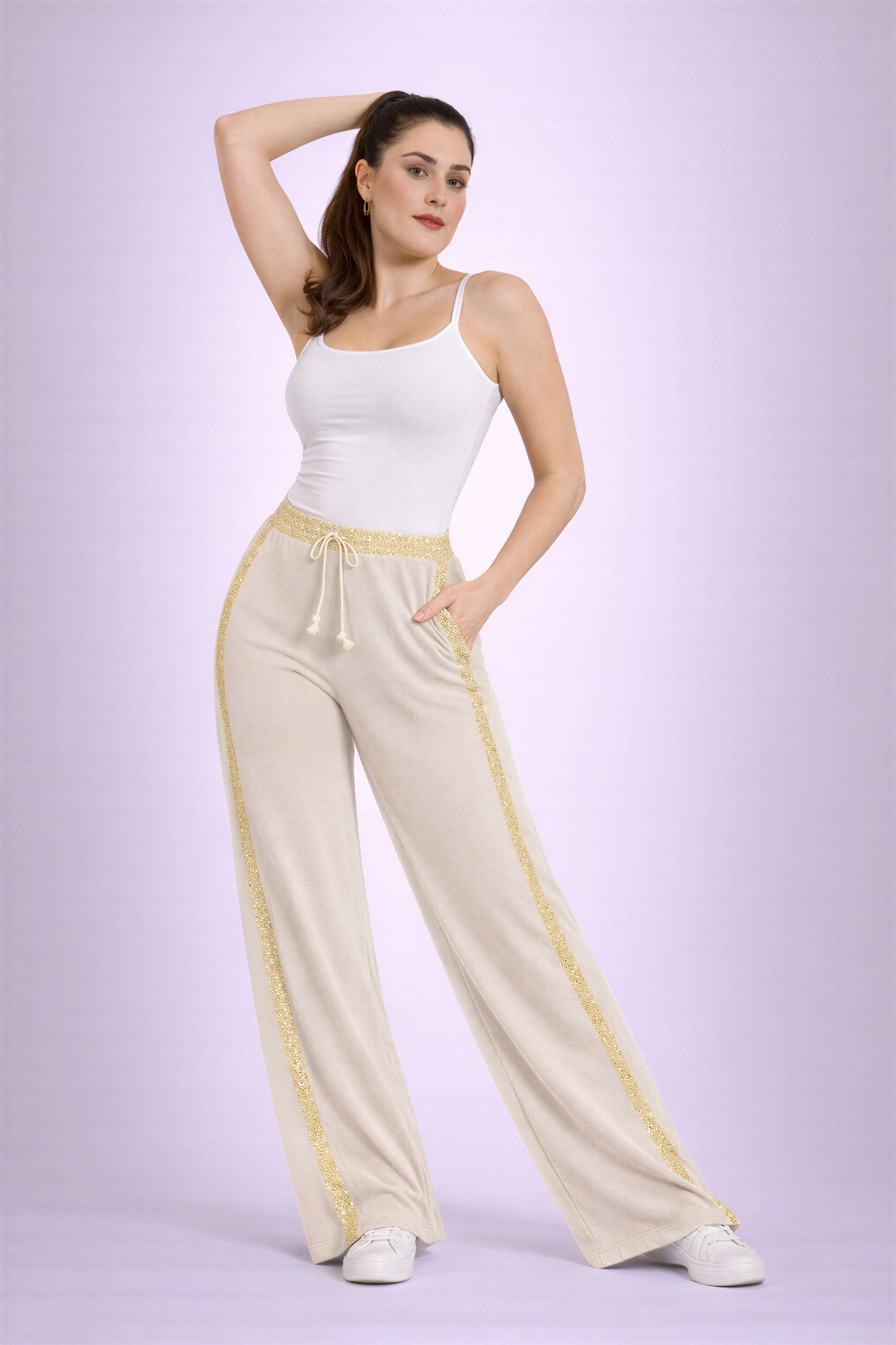WENOR Palazzohose Damen Italy Design Premium Stoffhose mit Streifen & Tunnelzug elastischer Komfortbund mit Tunnelzug, flexible Einheitsgröße 36–44