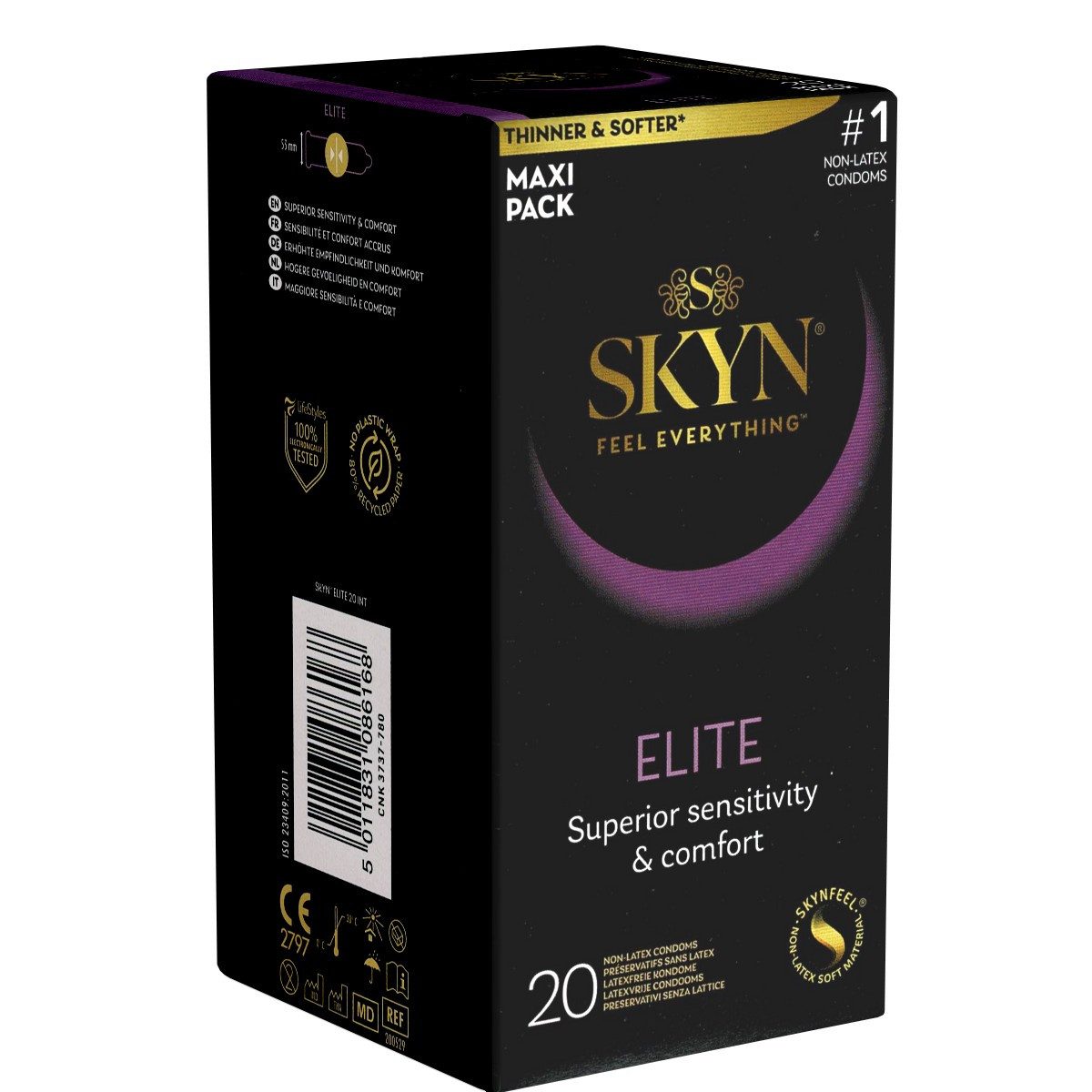 SKYN Kondome Elite (Ultra Thin & Ultra Soft) Packung mit, 20 St., hypoallergene Kondome, ideal für Latexallergiker, superdünne latexfreie Kondome aus Sensoprène™