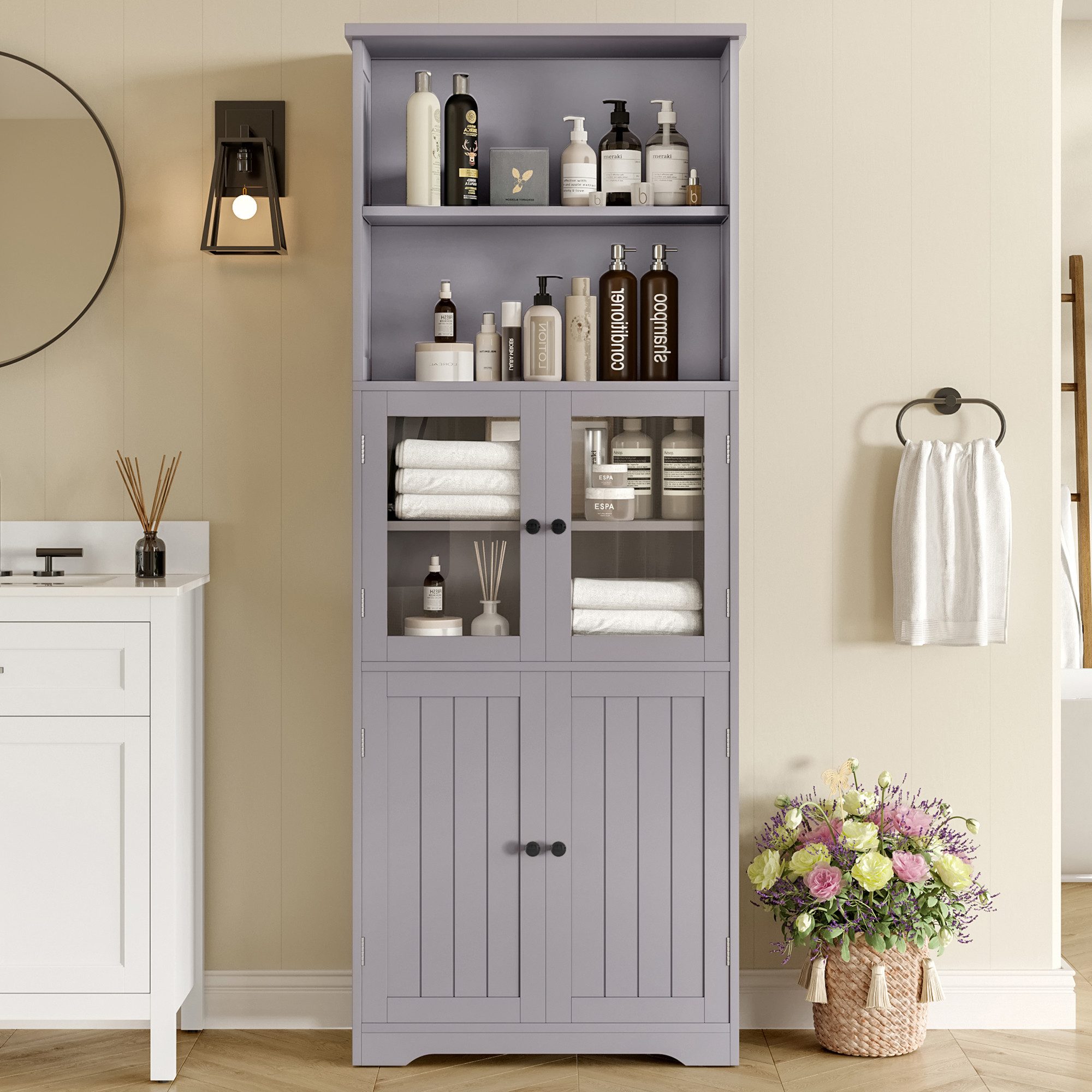 Merax Hochschrank mit Glas- & Holztüren günstig online kaufen