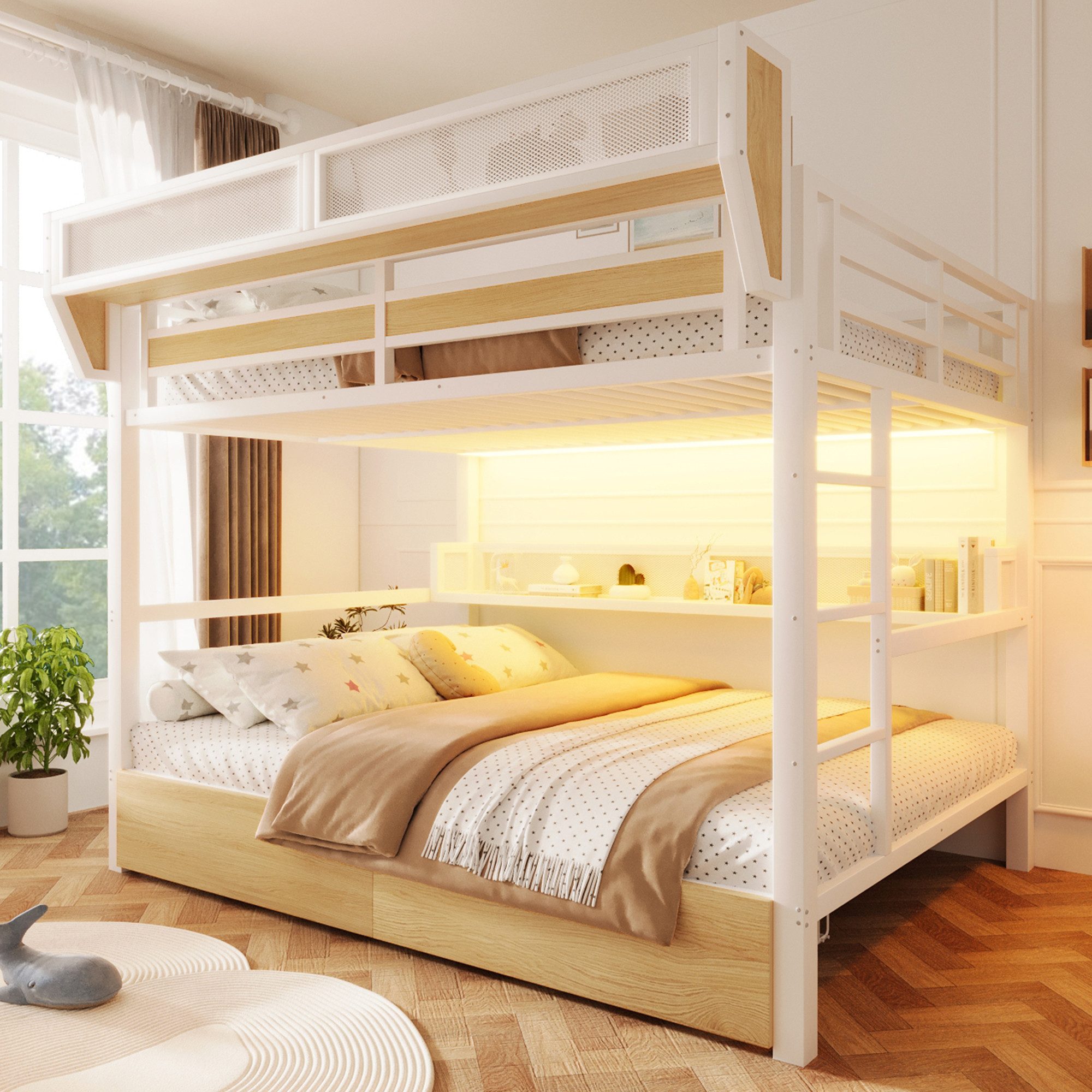 Flieks Etagenbett, Metallbett 140x200cm mit Schubladen LED-Beleuchtung Aufbewahrungskorb