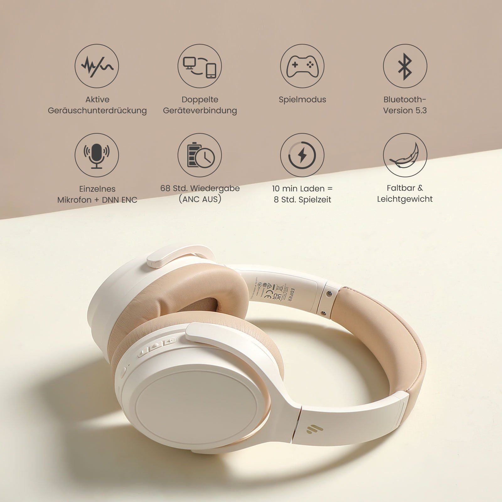 Edifier® WH700NB 5.3, Over-Ear-Kopfhörer Geräuschunterdrückung Doppelgeräte-Verbindung) aktive Geräuschunterdrückung, Bluetooth Weiß (Aktiver Kabellose